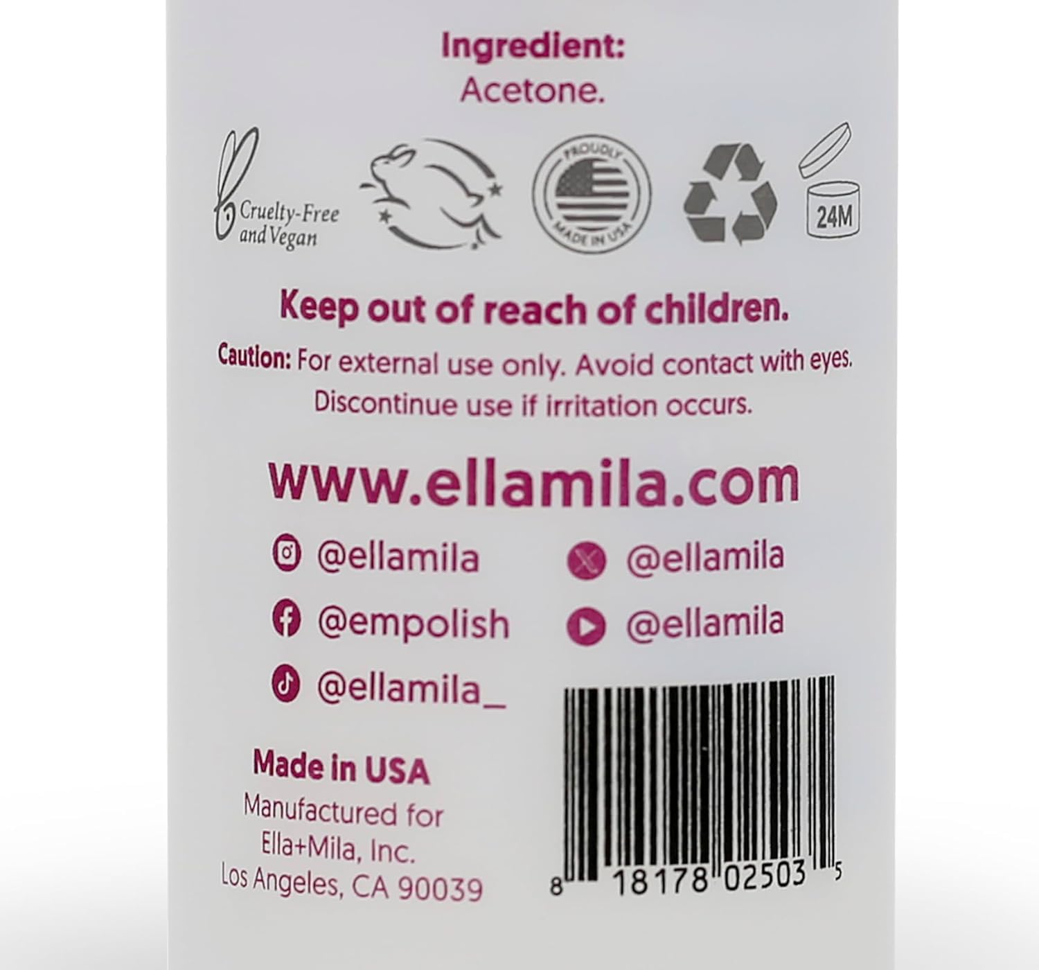 Ella Mila acetone remover bottle shown with smooth surface for clean finish.