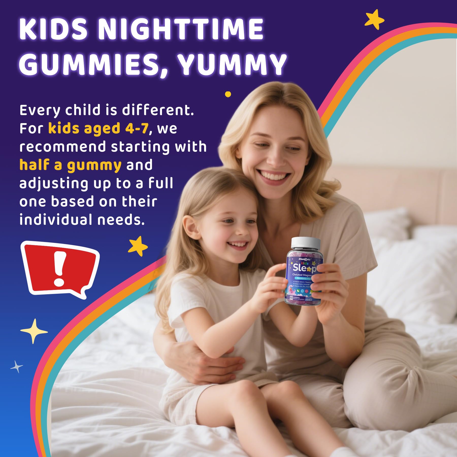 ELLAMENTZ Kids Sleep Gummies immune support icons on label.