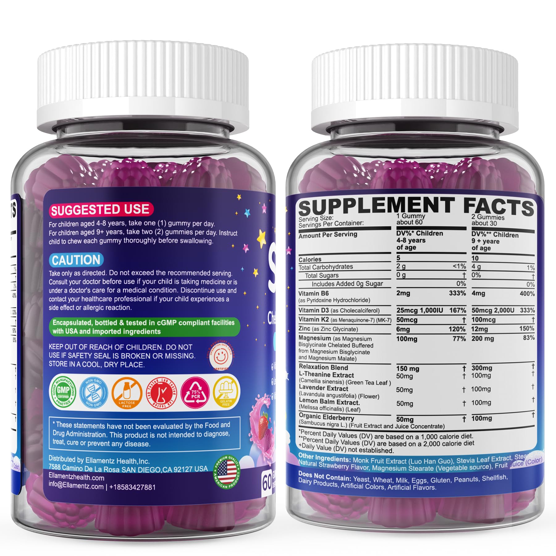 ELLAMENTZ Kids Sleep Gummies serving suggestions with glass of water.
