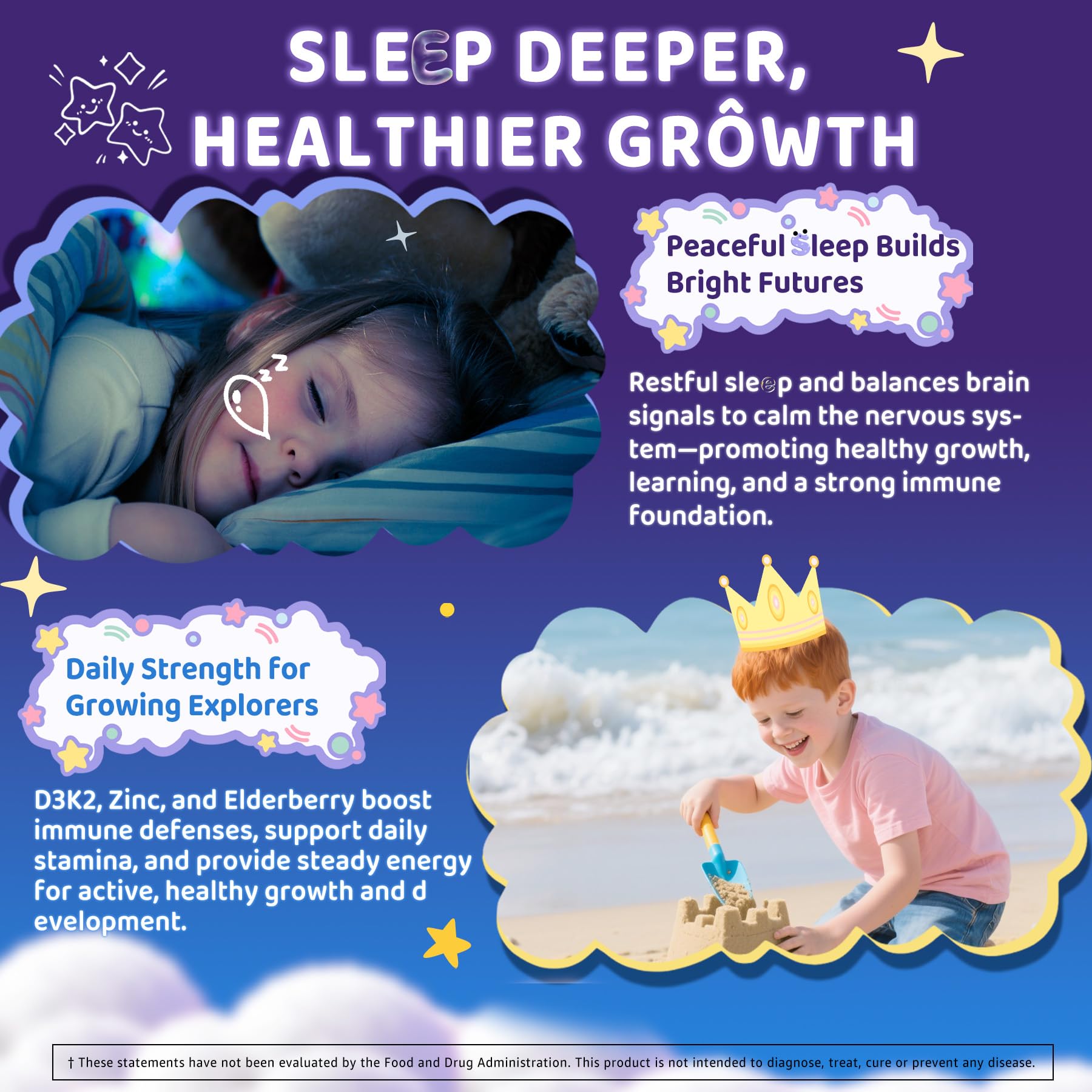 ELLAMENTZ Kids Sleep Gummies non-GMO and allergen-free seal visible.