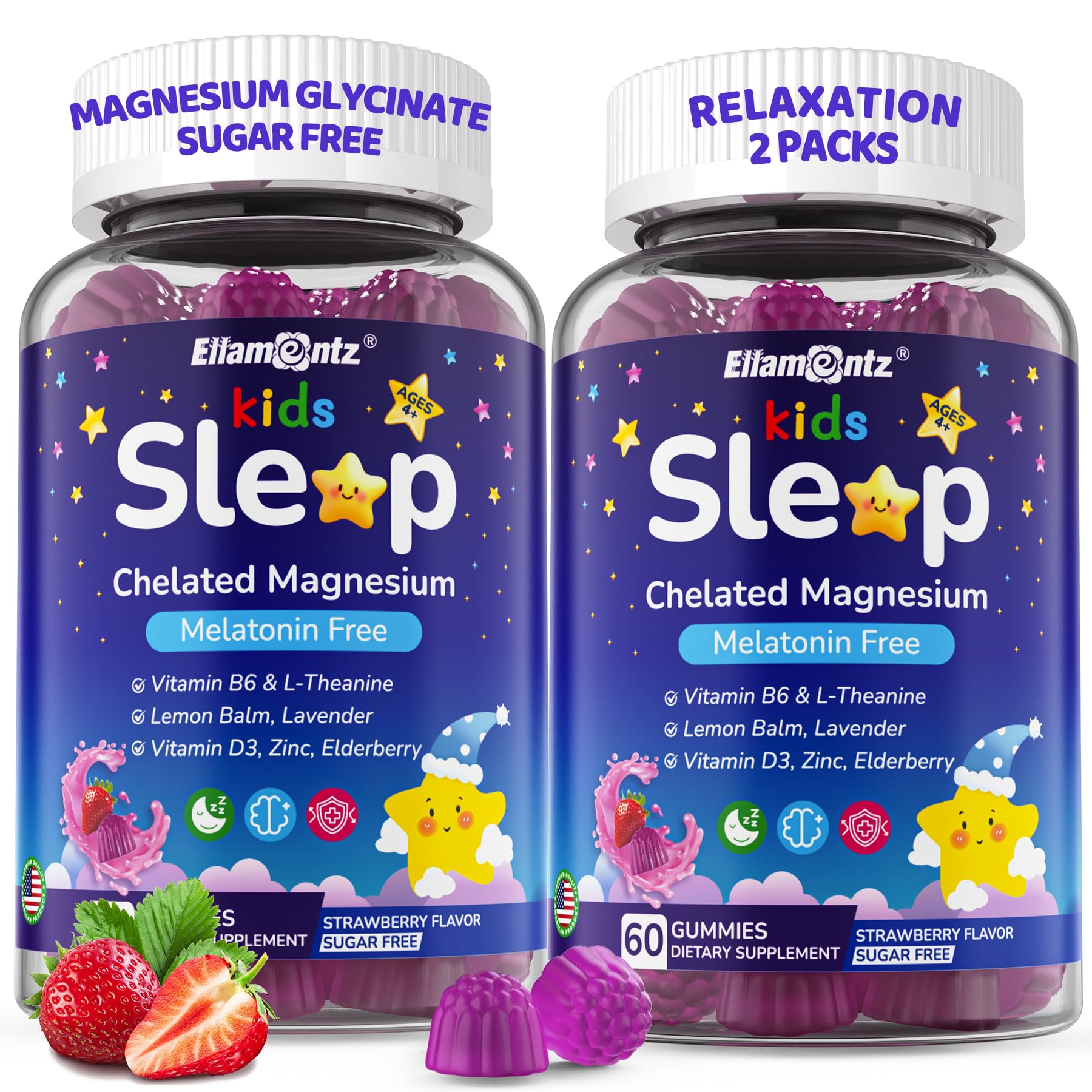 ELLAMENTZ Kids Sleep Gummies packaging front promoting gentle nightly rest.