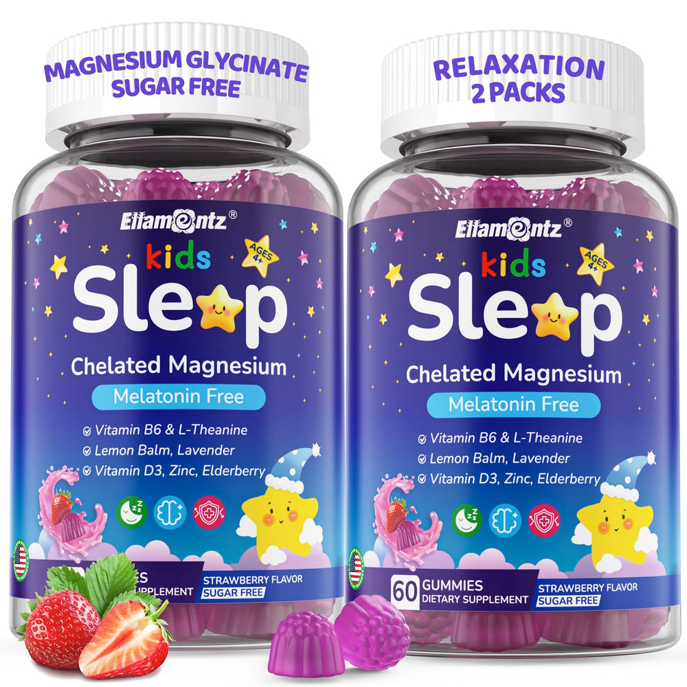 ELLAMENTZ Kids Sleep Gummies packaging front promoting gentle nightly rest.