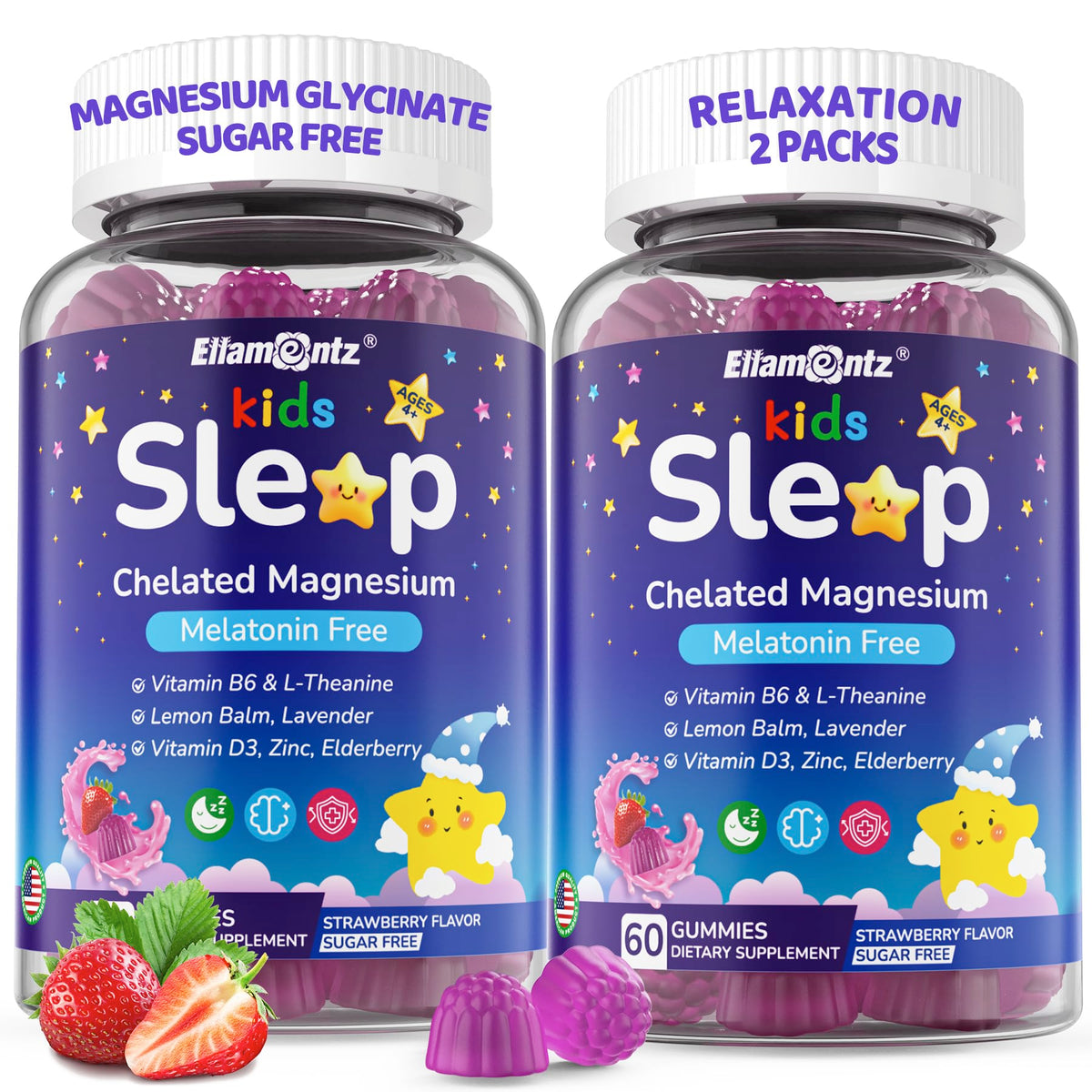 ELLAMENTZ Kids Sleep Gummies packaging front promoting gentle nightly rest.