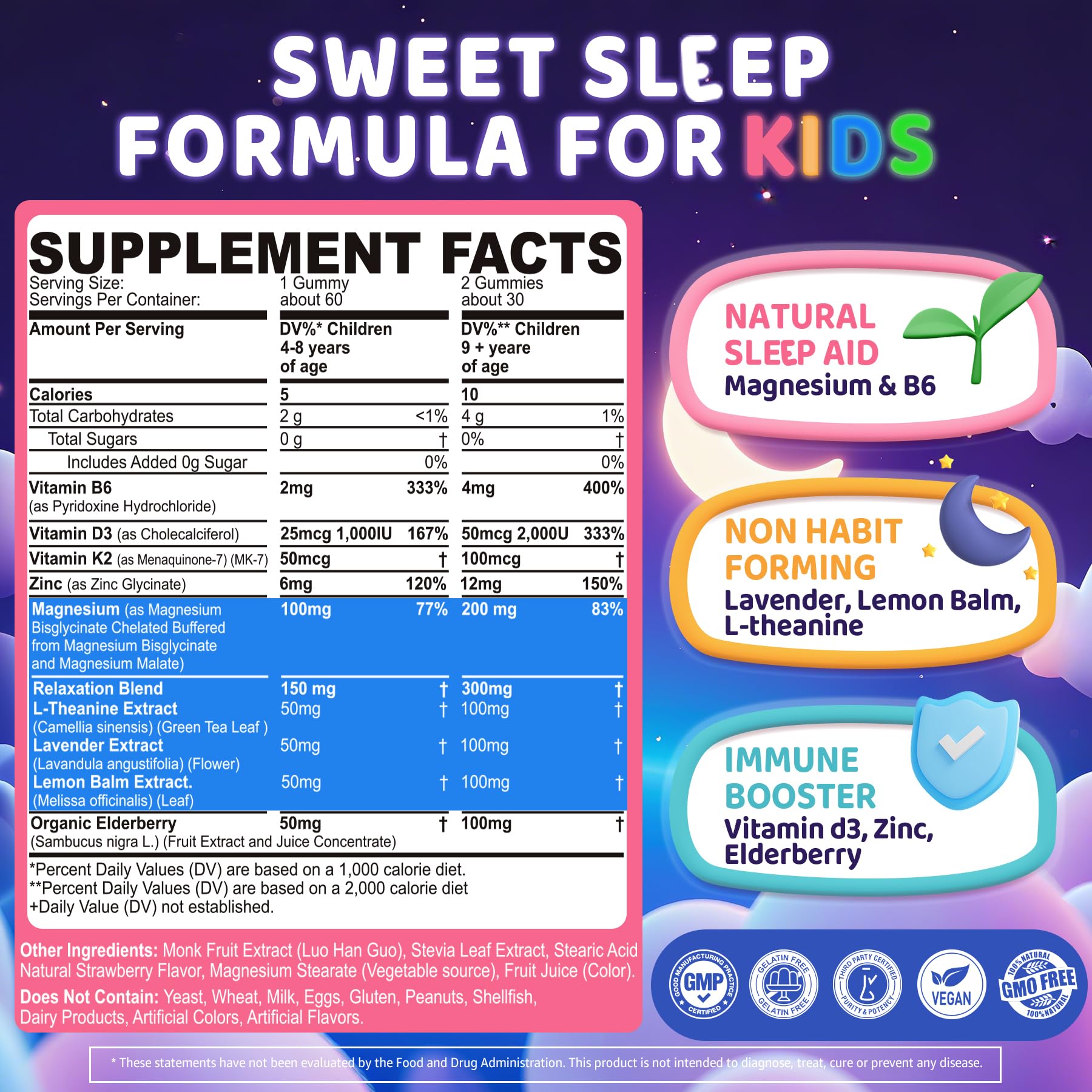 ELLAMENTZ Kids Sleep Gummies bottle side showing ingredients for kid-friendly calm.