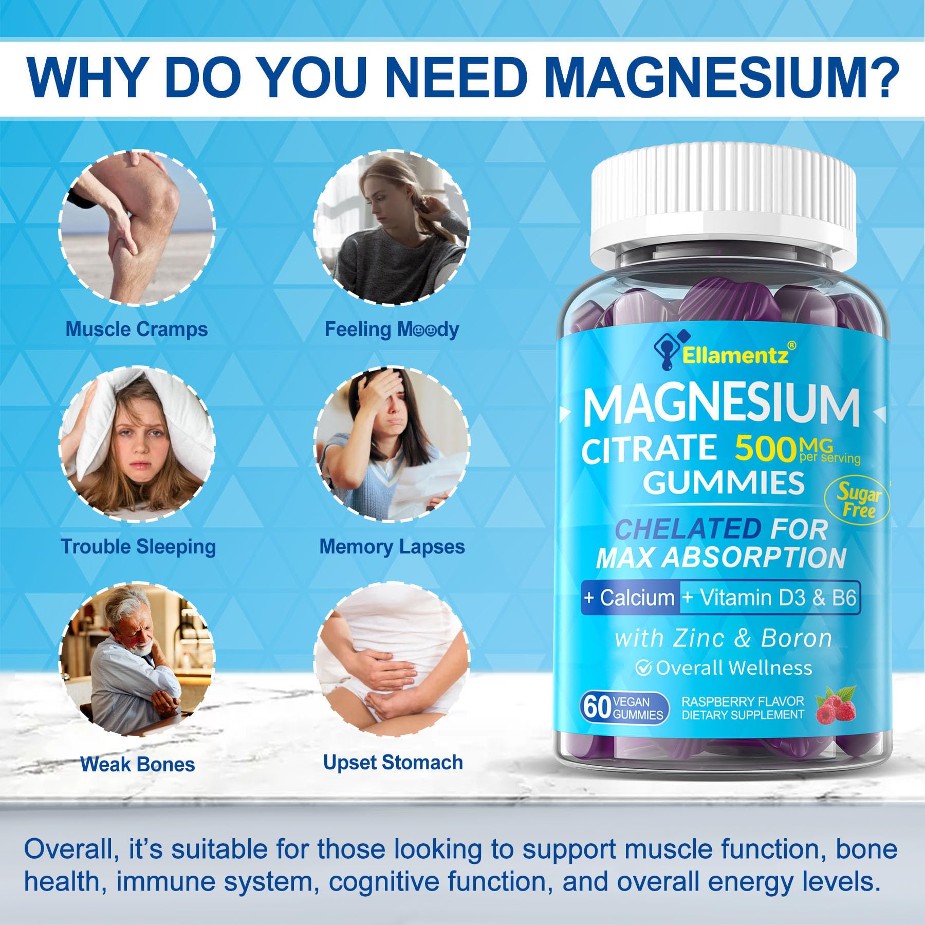 ELLAMENTZ Magnesium Citrate Gummies pouring from bottle illustrating water-free convenience