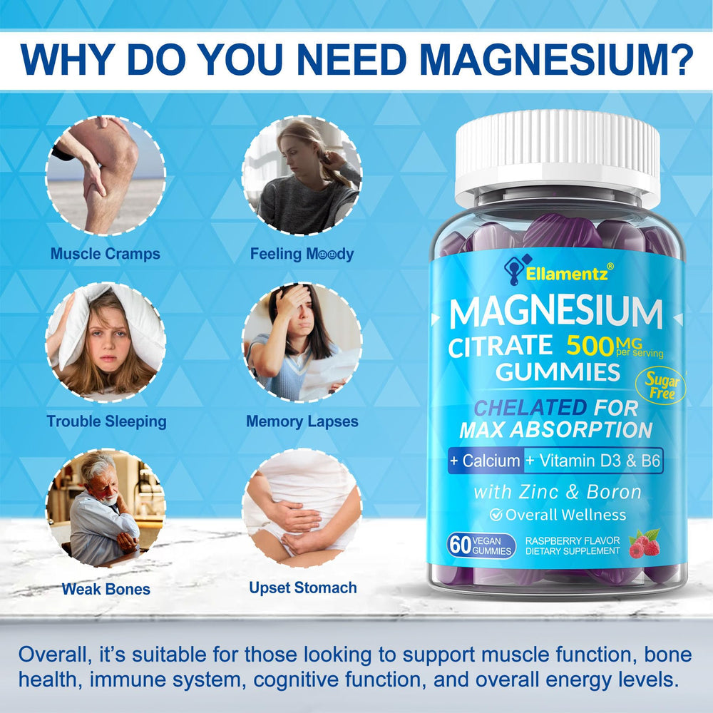 ELLAMENTZ Magnesium Citrate Gummies pouring from bottle illustrating water-free convenience