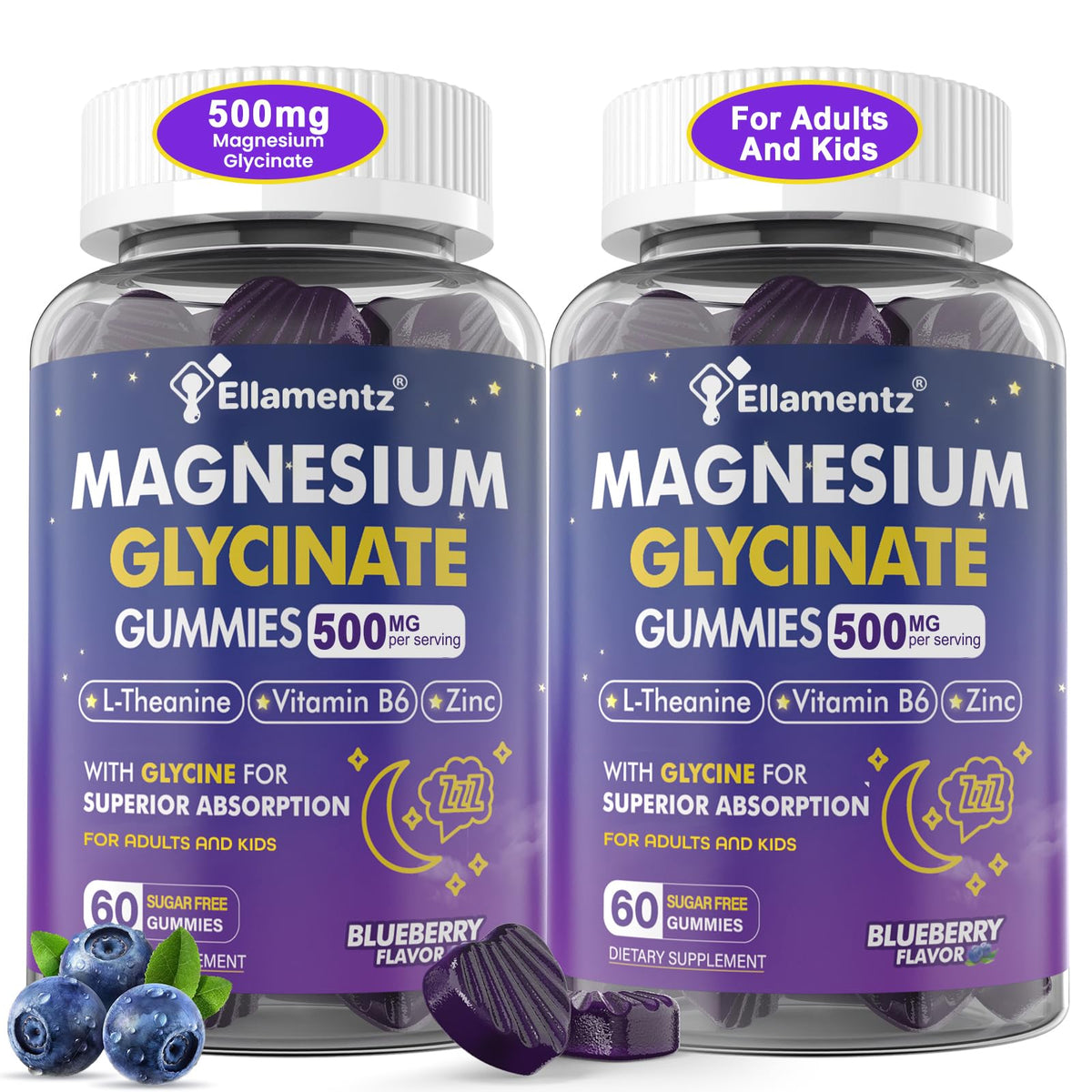 ELLAMENTZ Magnesium Glycinate Gummies bottle display for daily use.