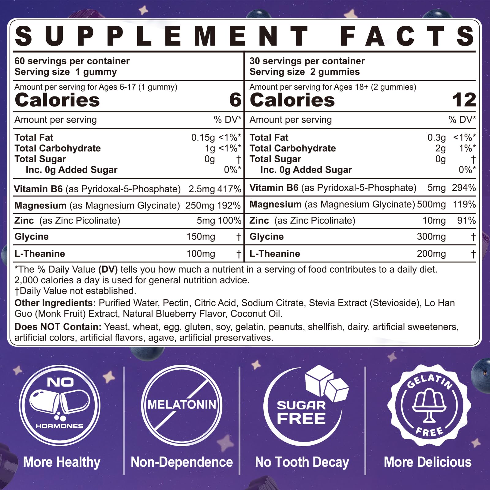 ELLAMENTZ Magnesium Glycinate Gummies label highlighting melatonin-free formula.