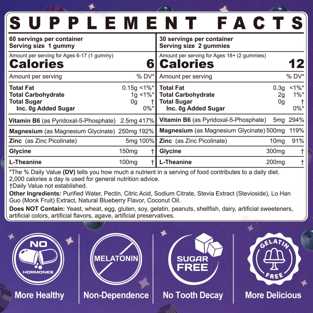 ELLAMENTZ Magnesium Glycinate Gummies label highlighting melatonin-free formula.