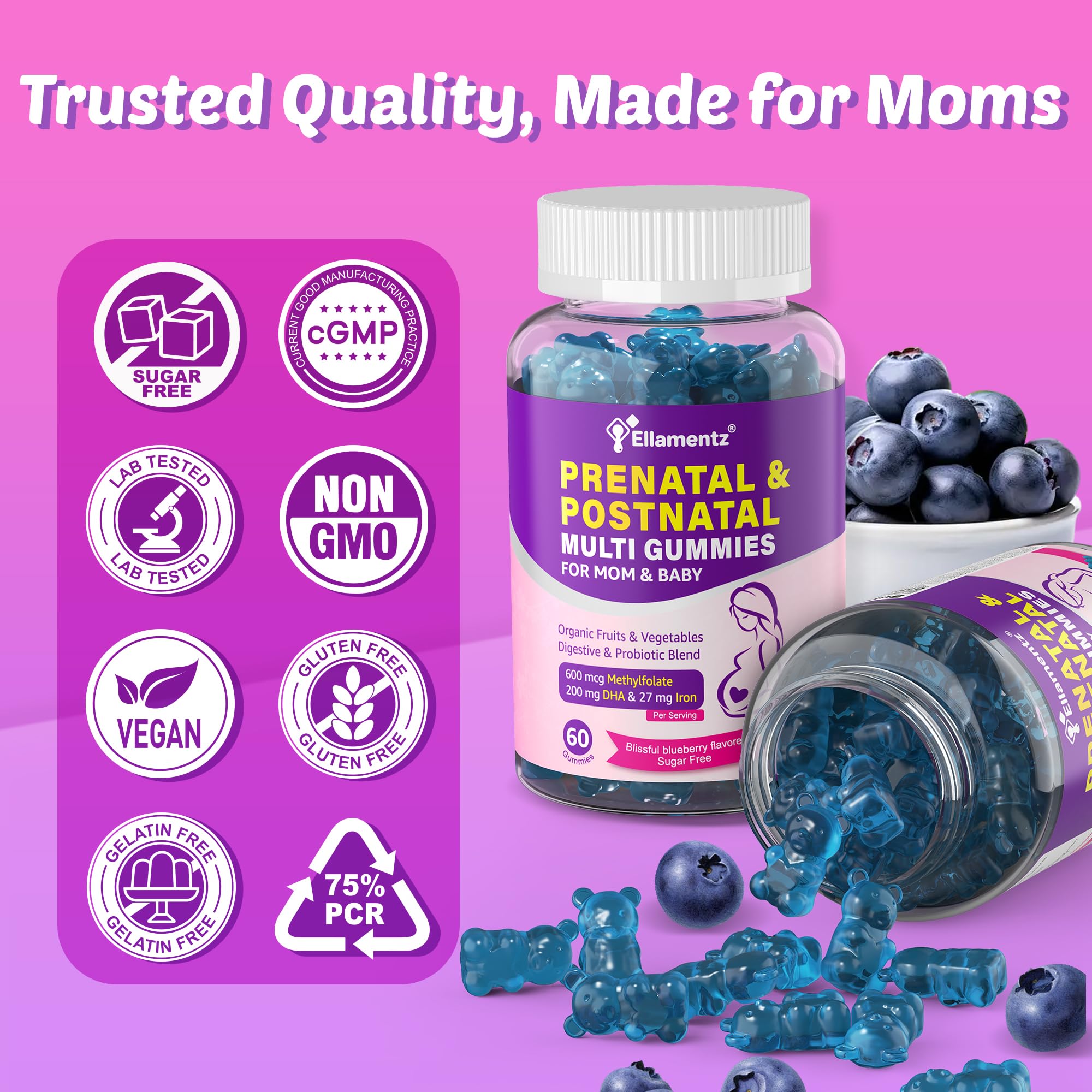 ELLAMENTZ sugar-free prenatal gummies suitable for vegan and dairy-free diets