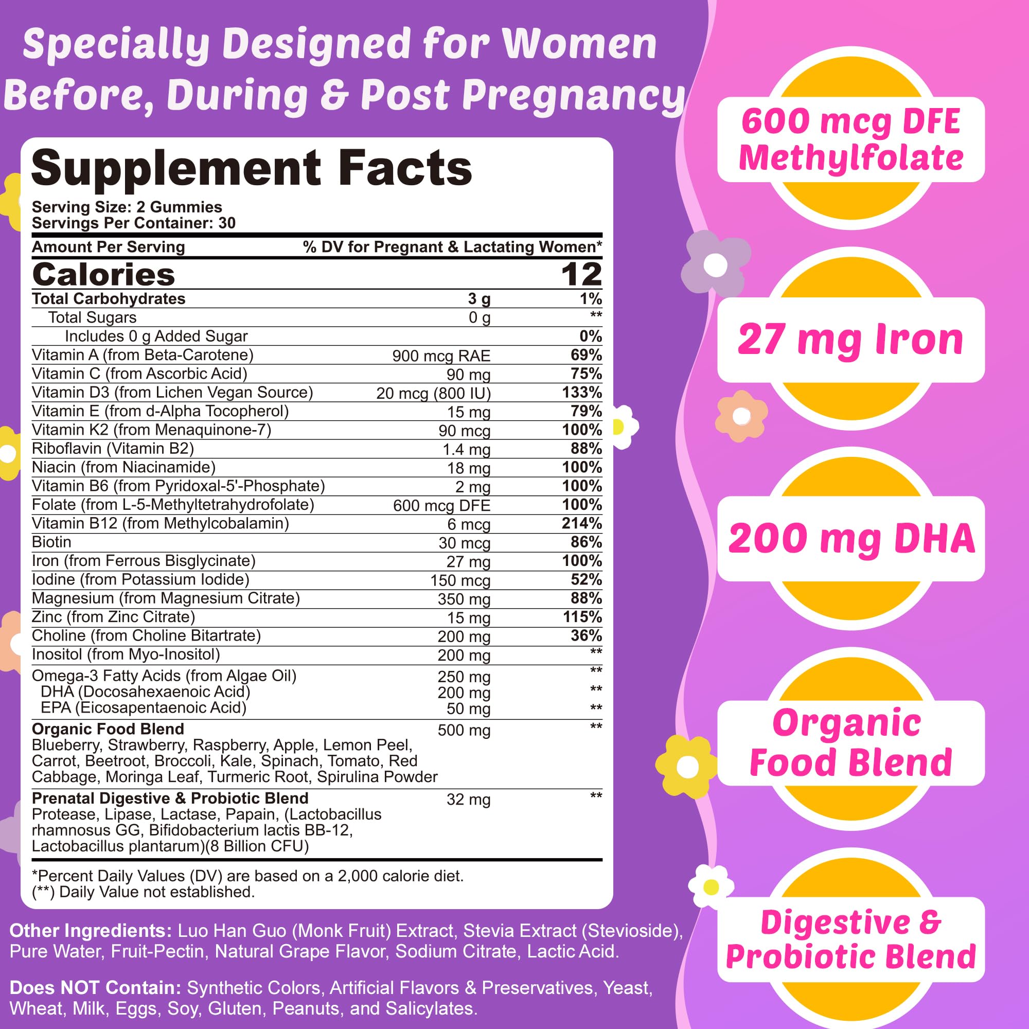 ELLAMENTZ prenatal gummies close-up with blueberry flavor for easy daily intake