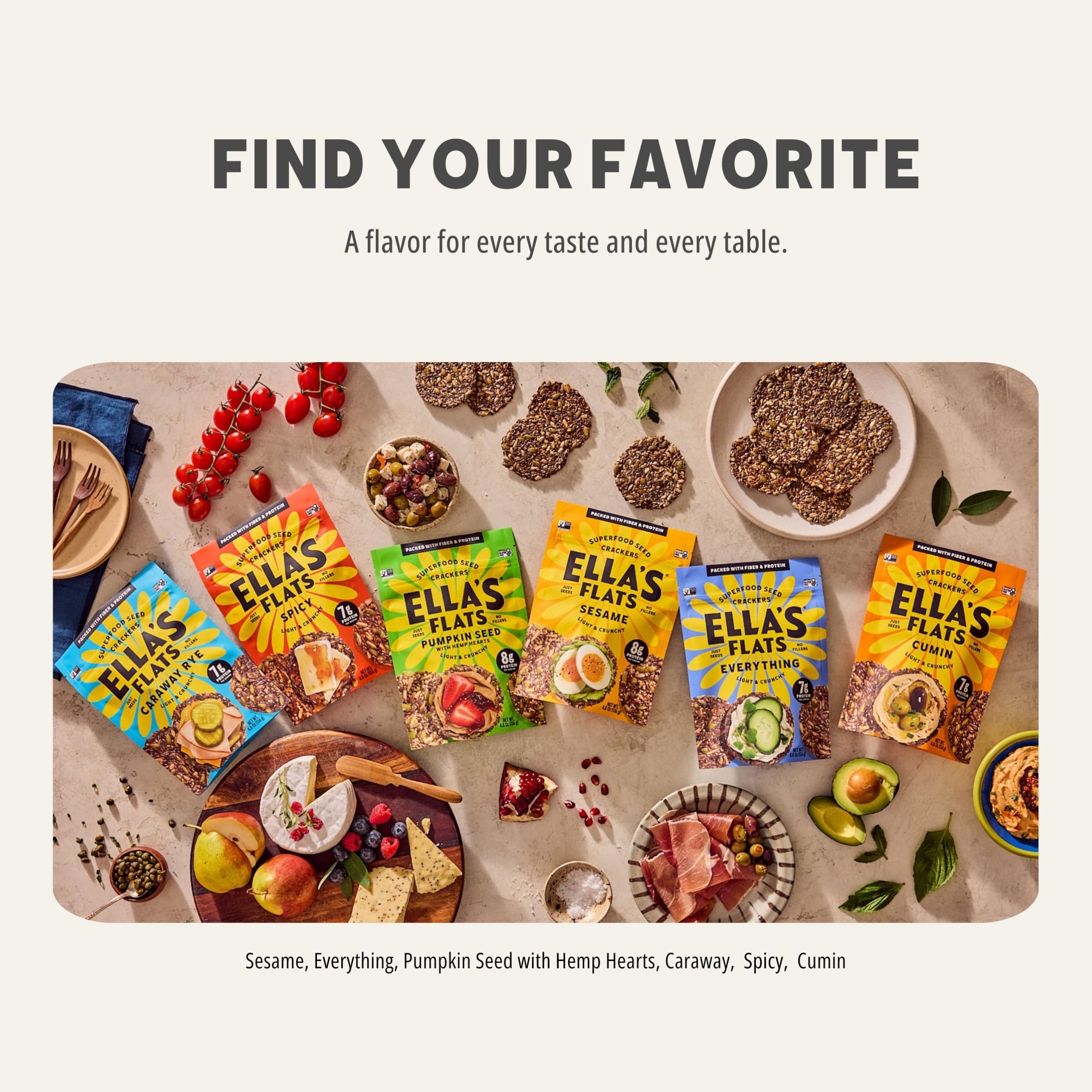3-pack display of Ella’s Flats sesame crisps for pantry staples.
