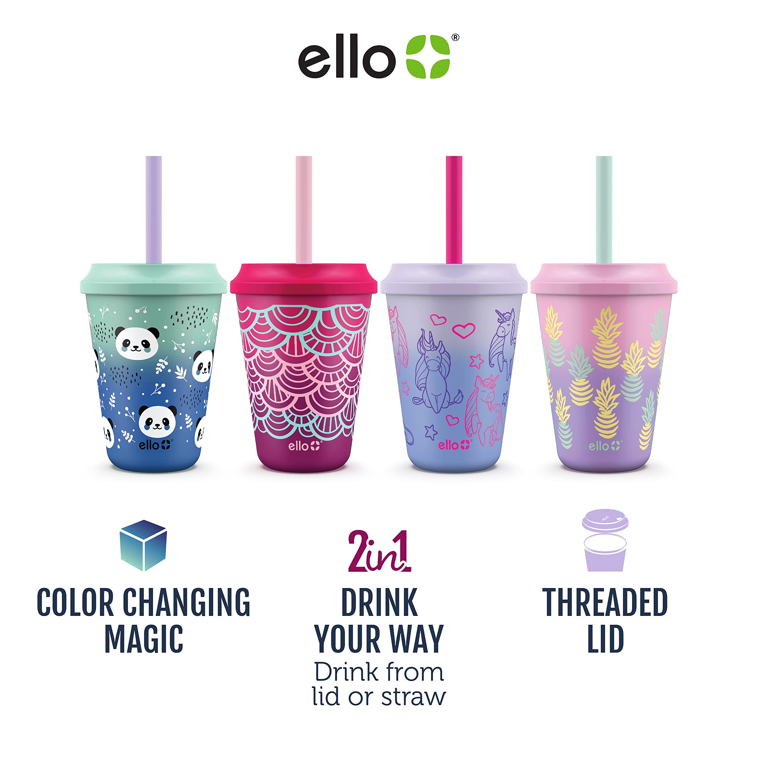 Ello Kids straw with lid easy sipping and versatile drinking angles