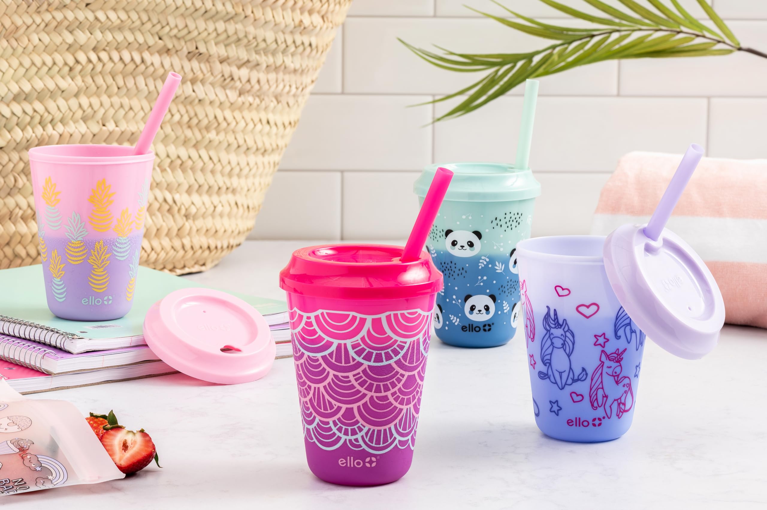Ello Kids twist-on splash-proof lid demonstrating secure sip for mess-free use