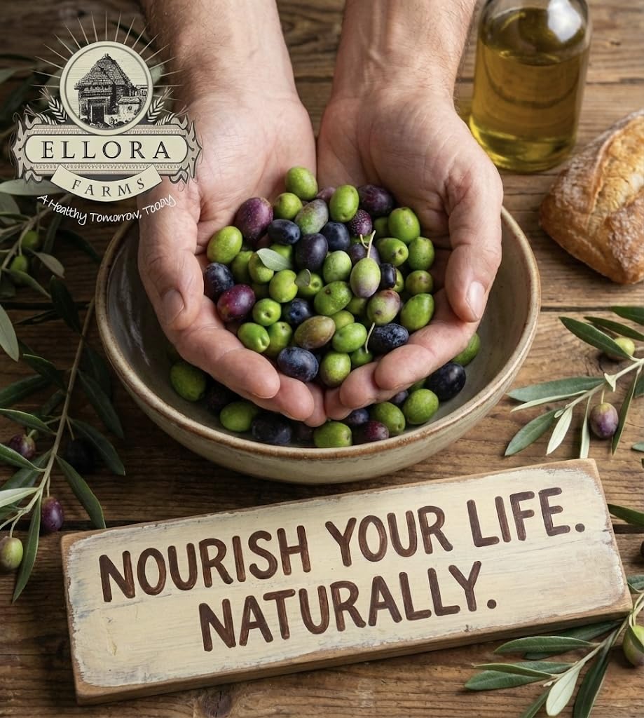 Ellora Farms Olive Oil bottle on kitchen counter—premium Greek EVOO.