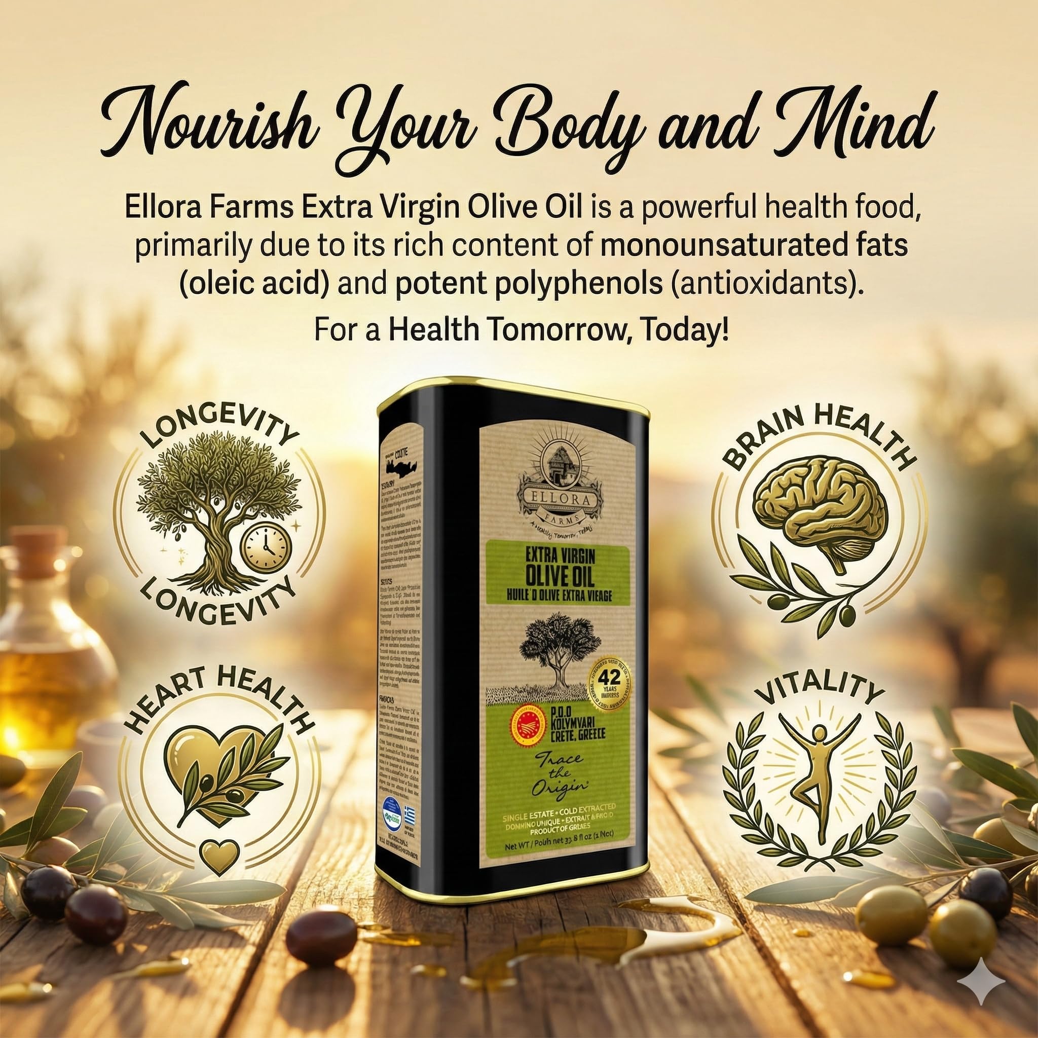 Ellora Farms Olive Oil for dressings—bold, fruity aroma.