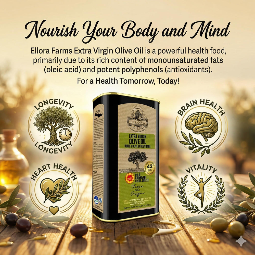 Ellora Farms Olive Oil for dressings—bold, fruity aroma.