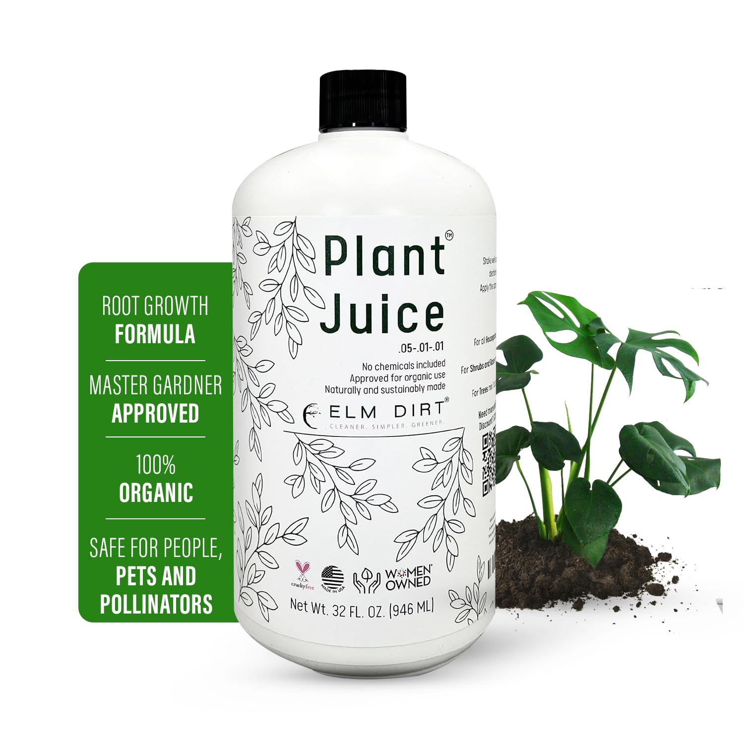 Elm Dirt Plant Juice bottle showing premium organic fertilizer for versatile plant care