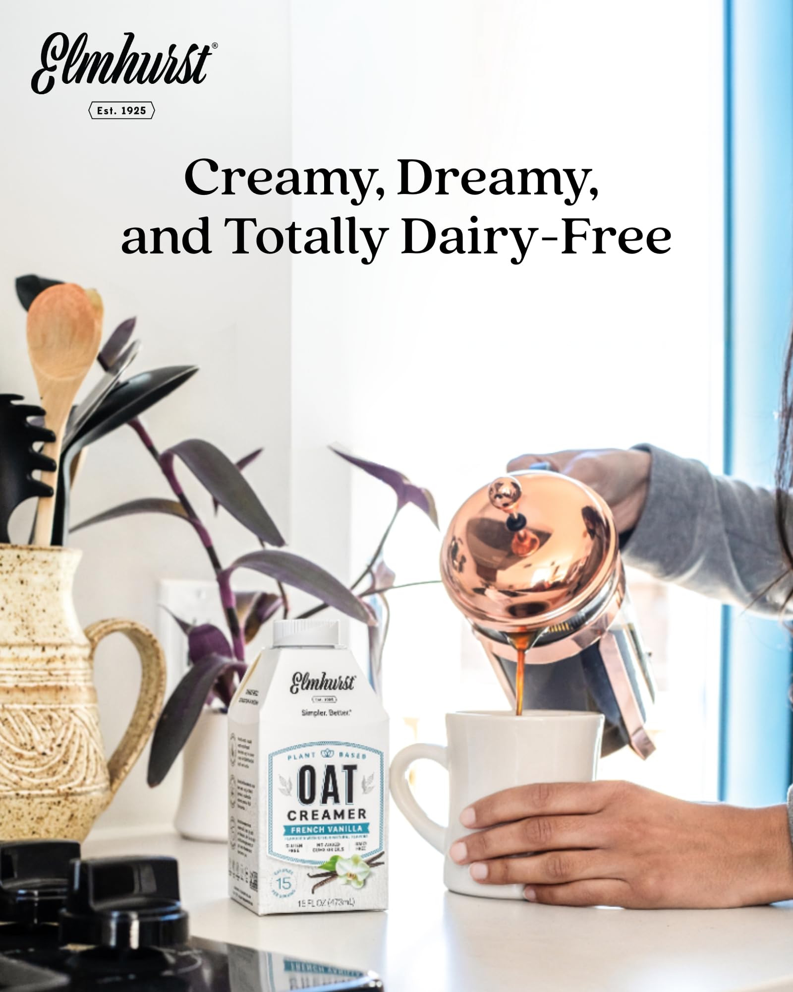 Clear glass shows creamy, dairy-free consistency of the French Vanilla creamer