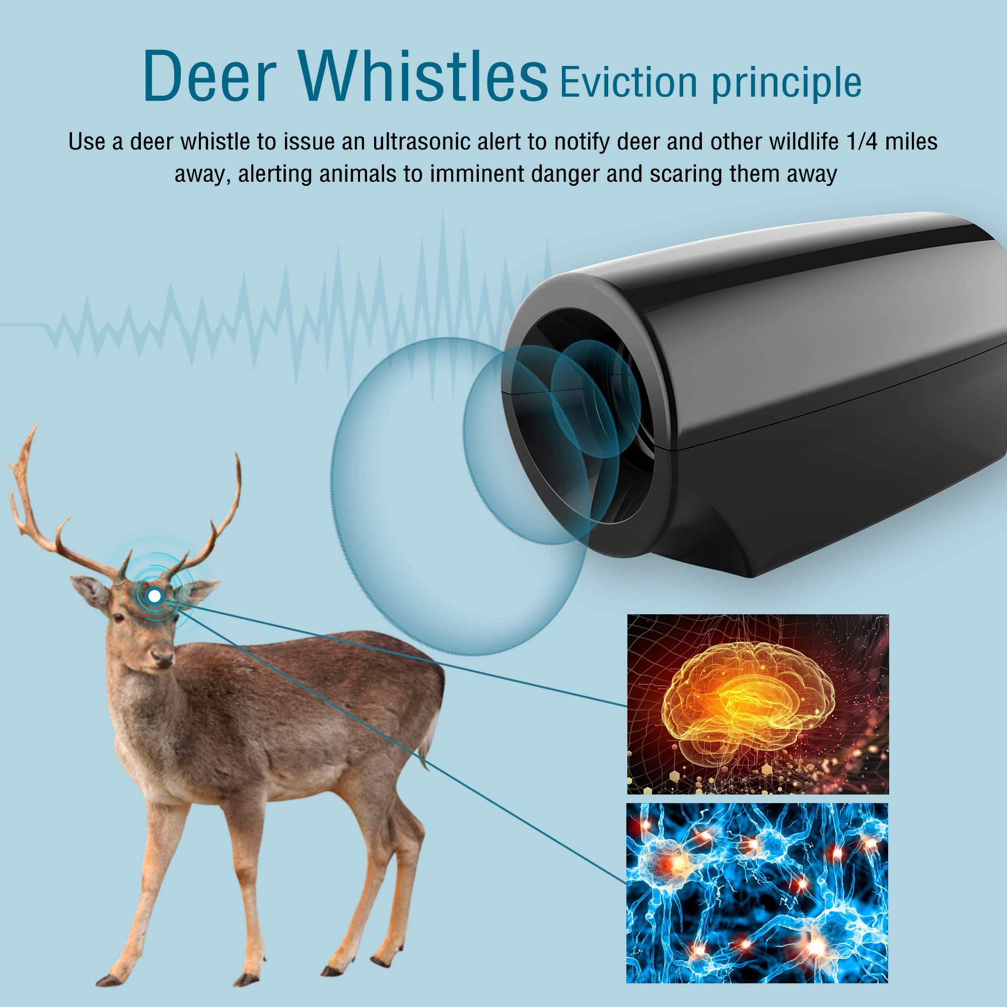 Elook deer warning whistle emits deterrent cues using air flow to deter wildlife.