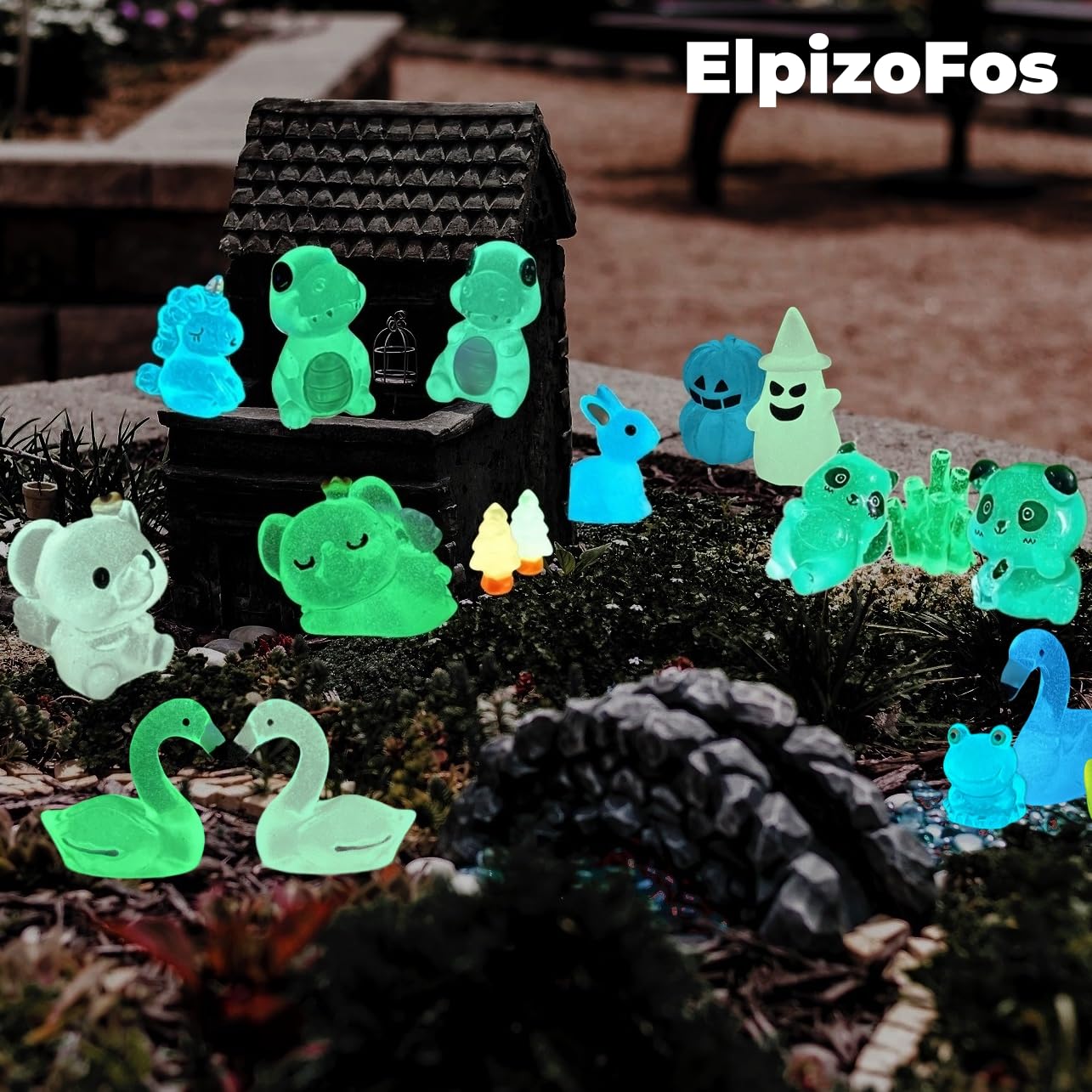 ElpizoFos dinosaur figurine emits gentle light, creating whimsical miniature landscapes.