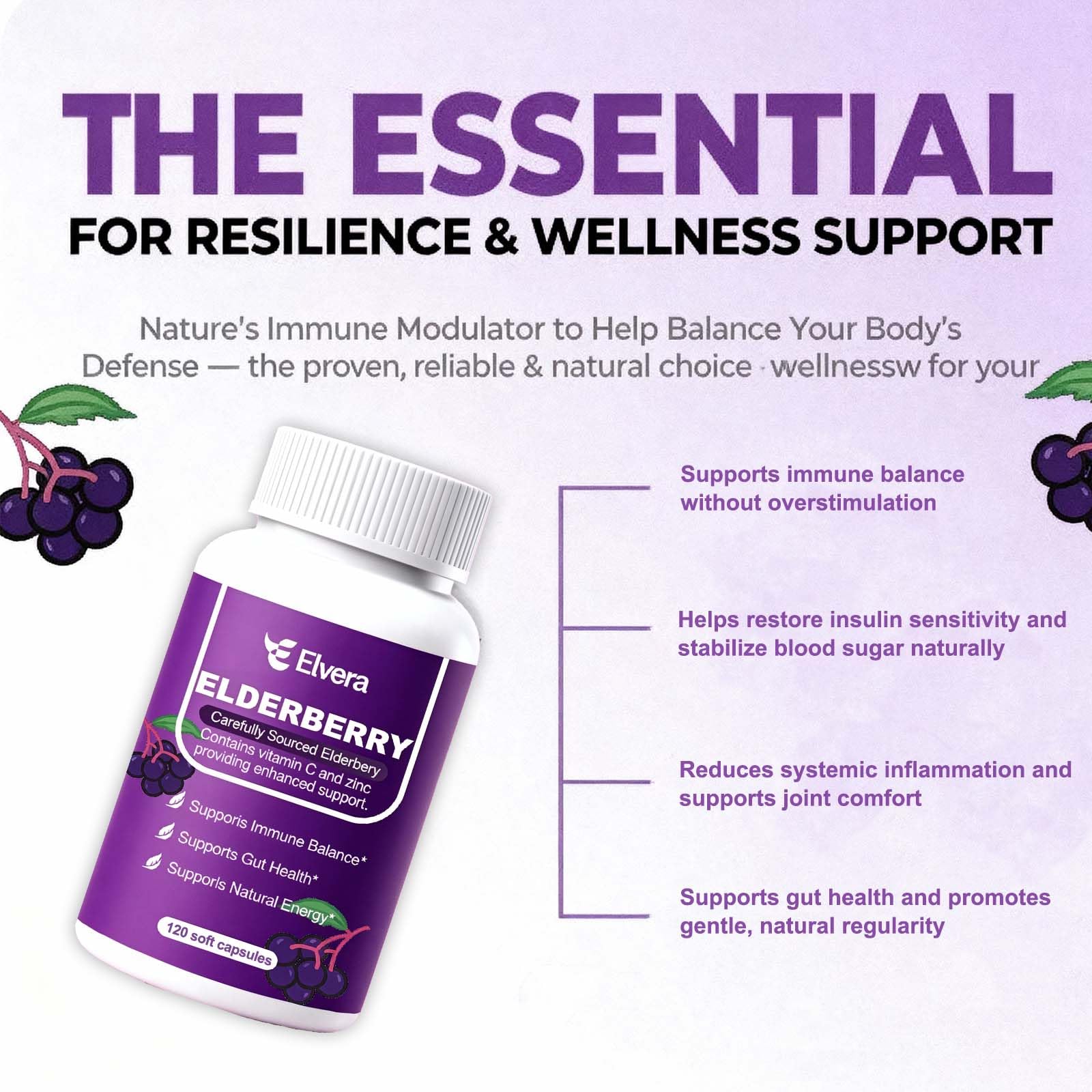ELSORY Elvera organic elderberries label emphasizing vegan and non-GMO formula.