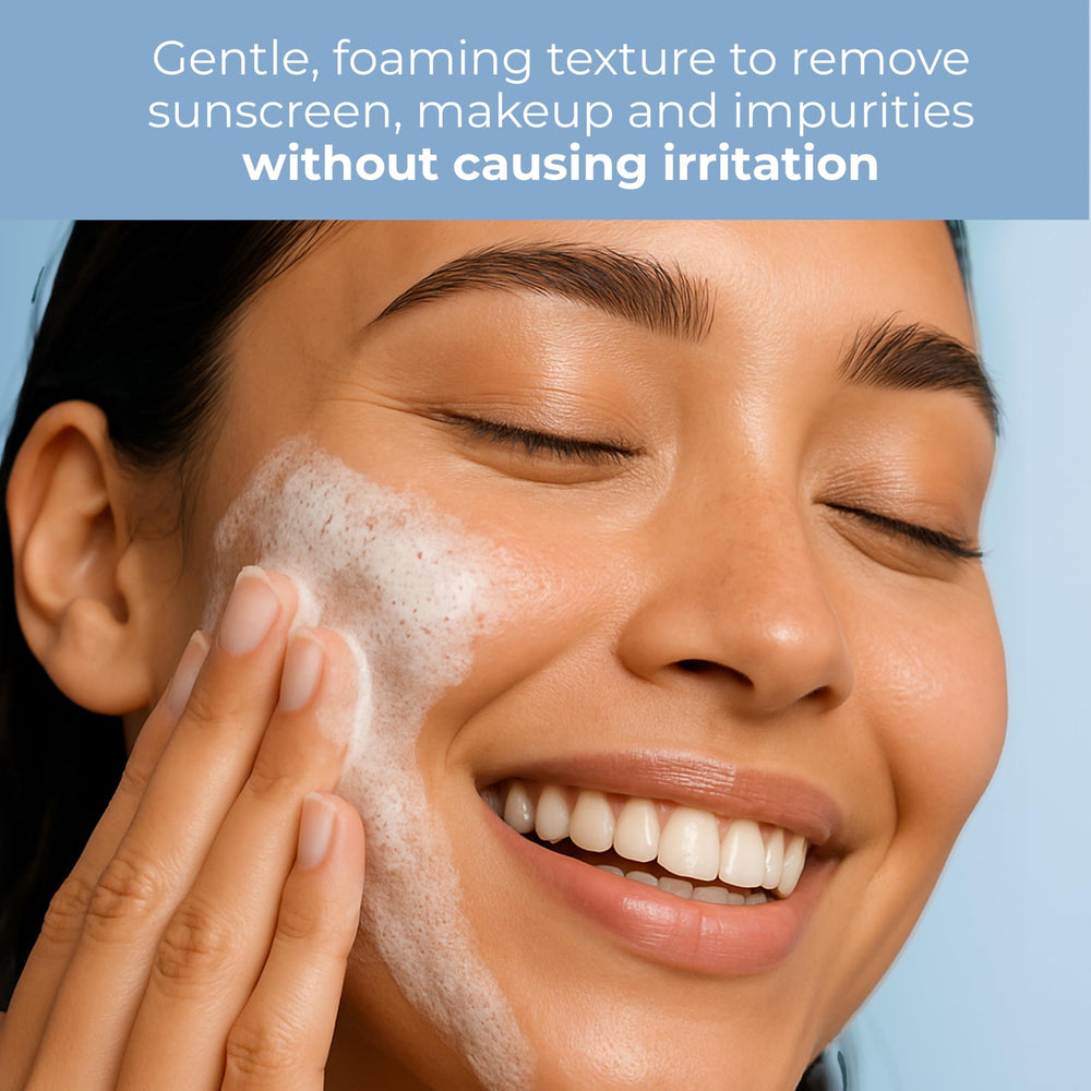 Hands applying EltaMD Skin Recovery Cleanser to face for daily use.