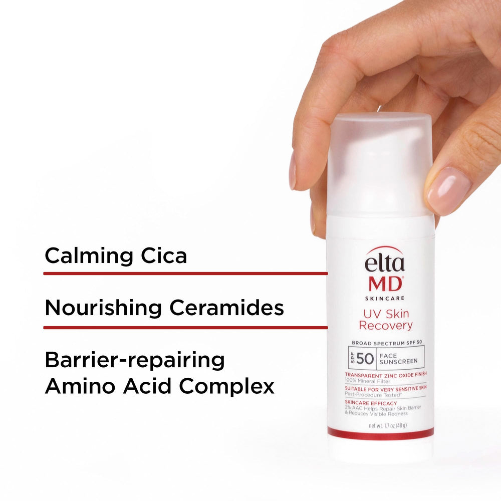 EltaMD sensitive skin label indicating gentle, suitable protection for rosacea-prone skin.