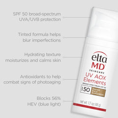 EltaMD UV AOX Elements tinted sunscreen swatch on skin showing sheer coverage