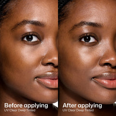 EltaMD UV Clear deep tinted swatches show skin-tone compatibility for a sheer blend.