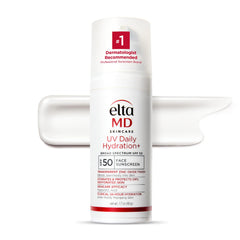 EltaMD UV Daily Hydration+ SPF 50 bottle front highlighting hydration for daily use.