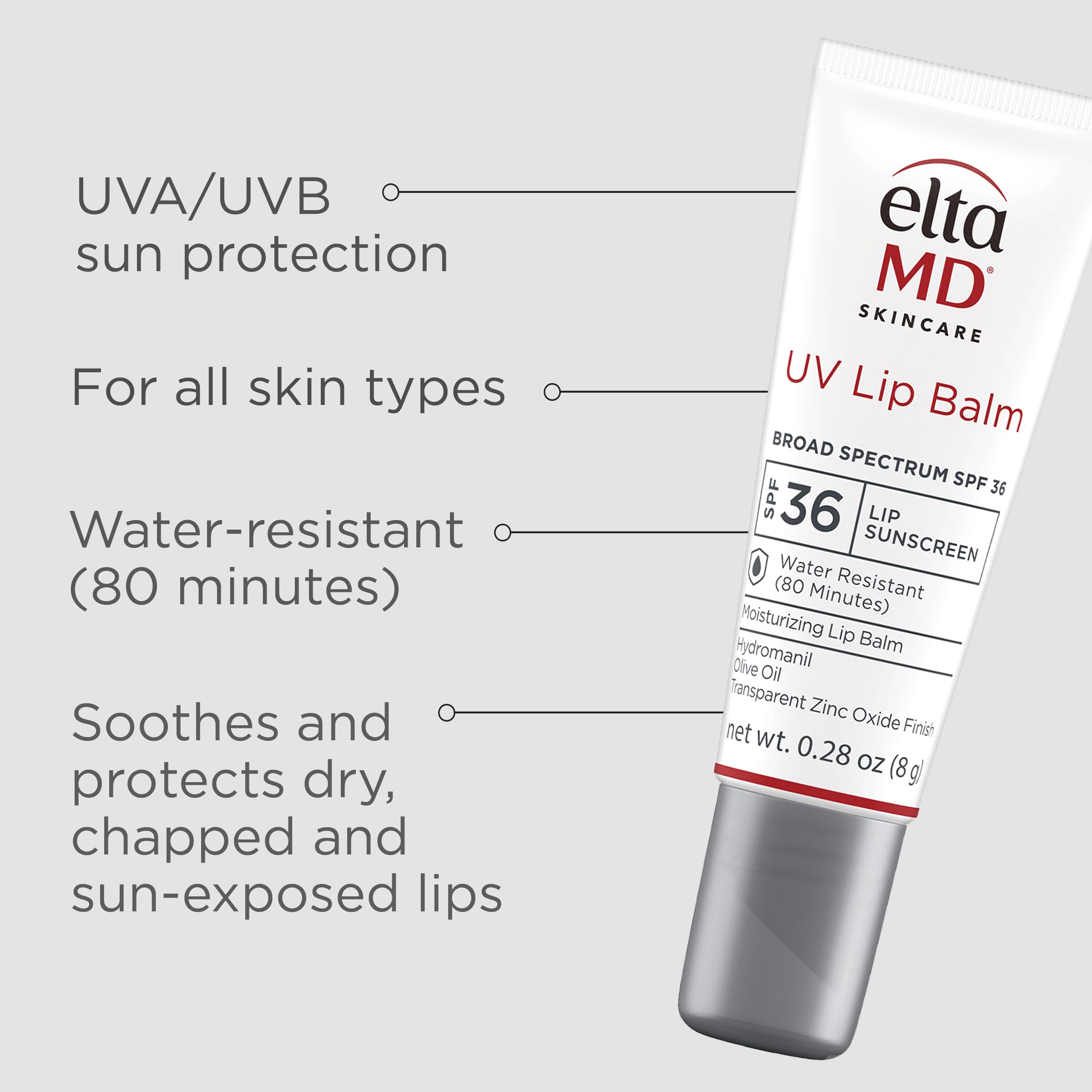 EltaMD UV Lip Balm closeup shows transparent zinc oxide for natural-looking lip protection.