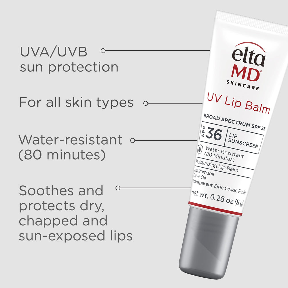 EltaMD UV Lip Balm closeup shows transparent zinc oxide for natural-looking lip protection.
