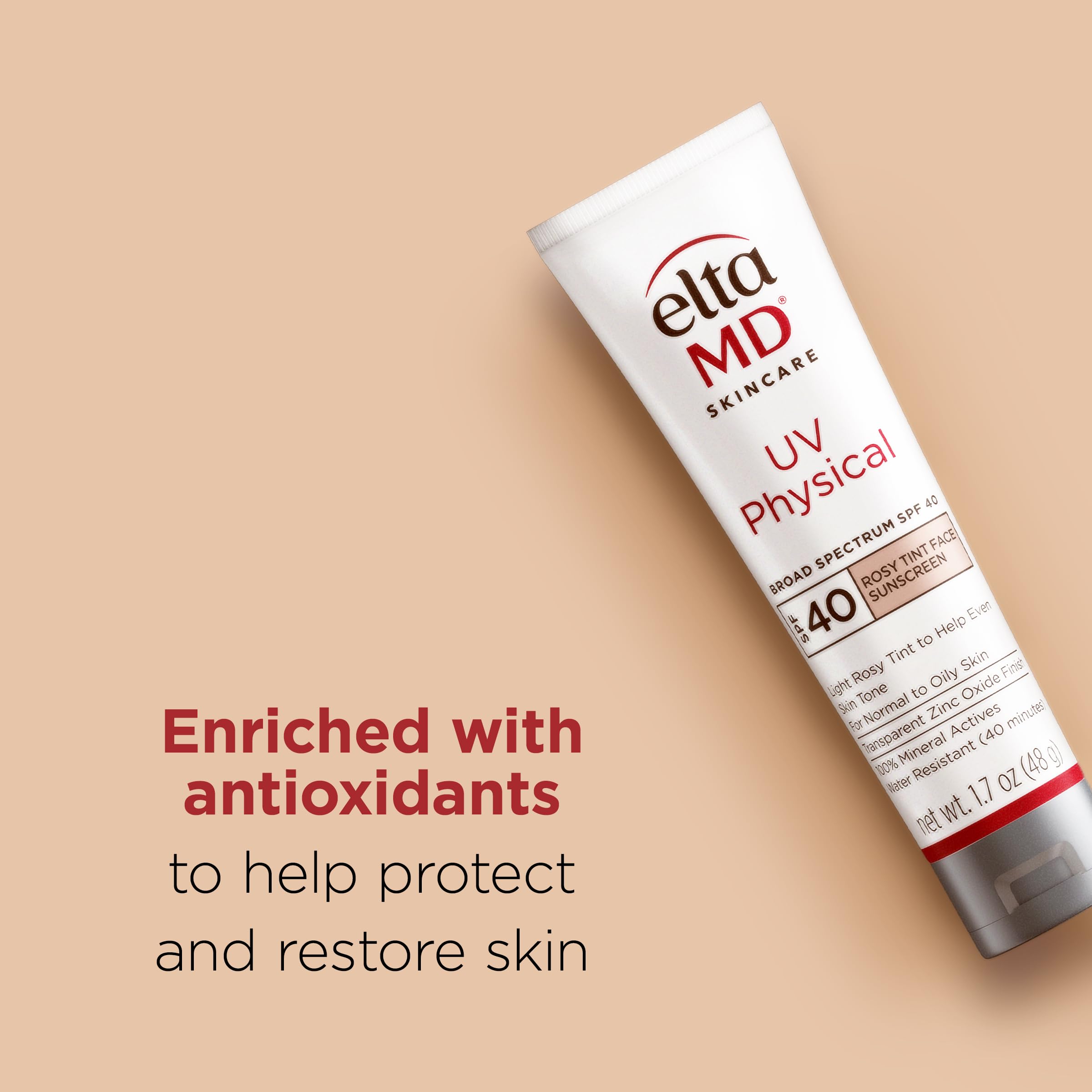 Packaging and ingredients of EltaMD Rosy Tint with antioxidants.