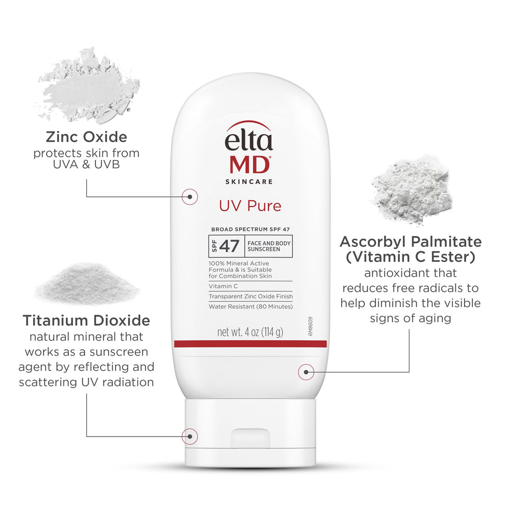 Mineral zinc oxide protection applied on skin by EltaMD UV Pure.