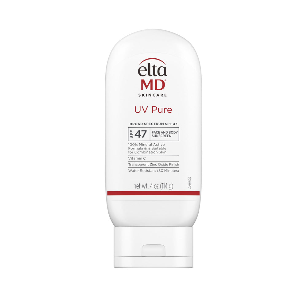 EltaMD UV Pure sunscreen bottle showing mineral protection for face and body.