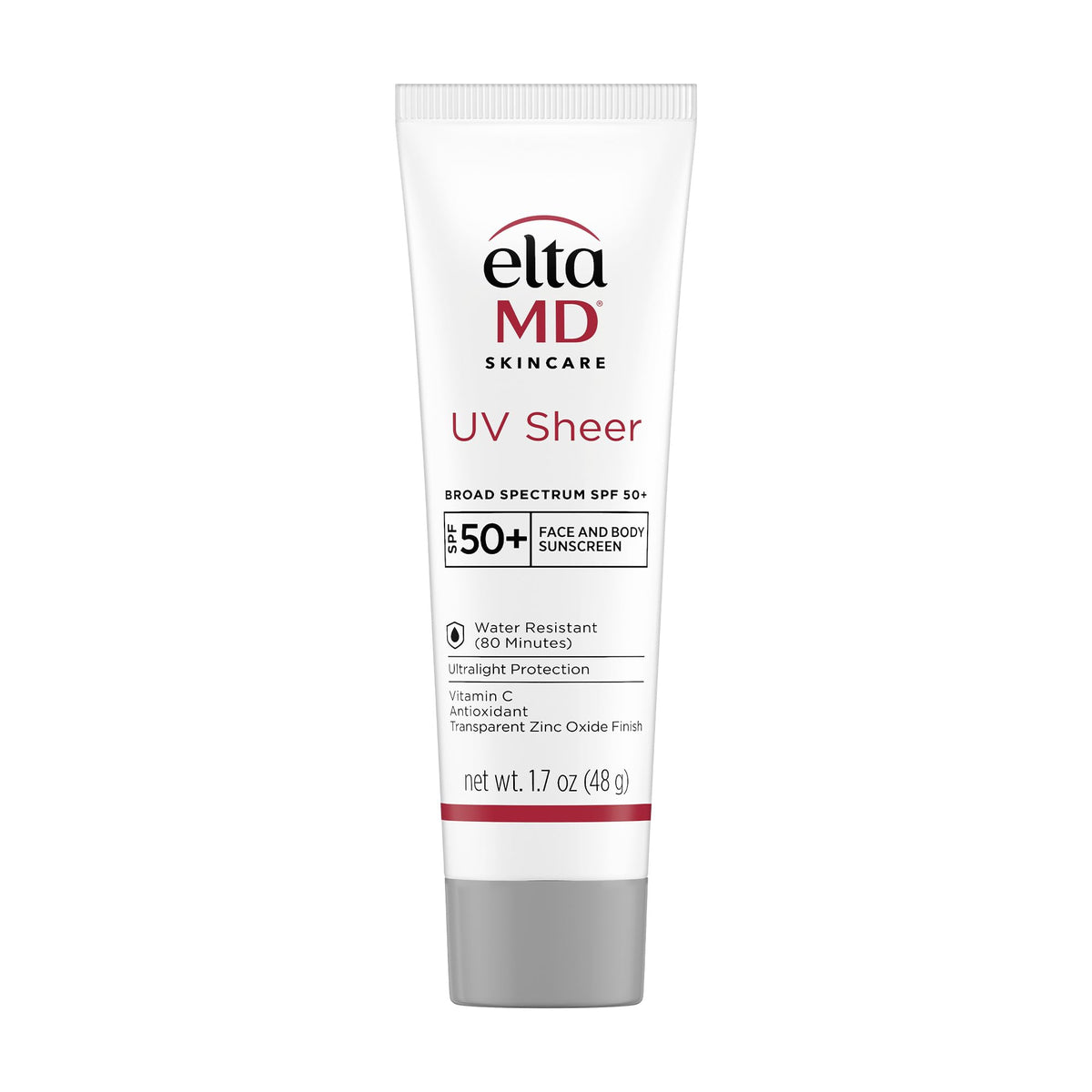 EltaMD UV Sheer sunscreen tube front view showing SPF 50+ and oil-free performance.