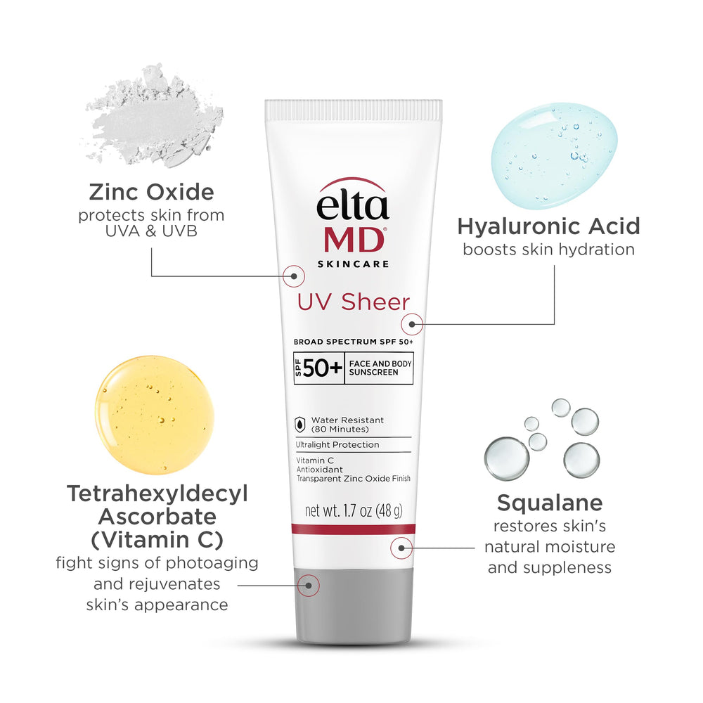 EltaMD UV Sheer contains hyaluronic acid and squalane for hydration.