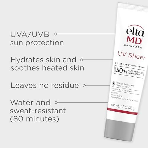 Texture swatch on hand shows EltaMD UV Sheer absorption and light finish.