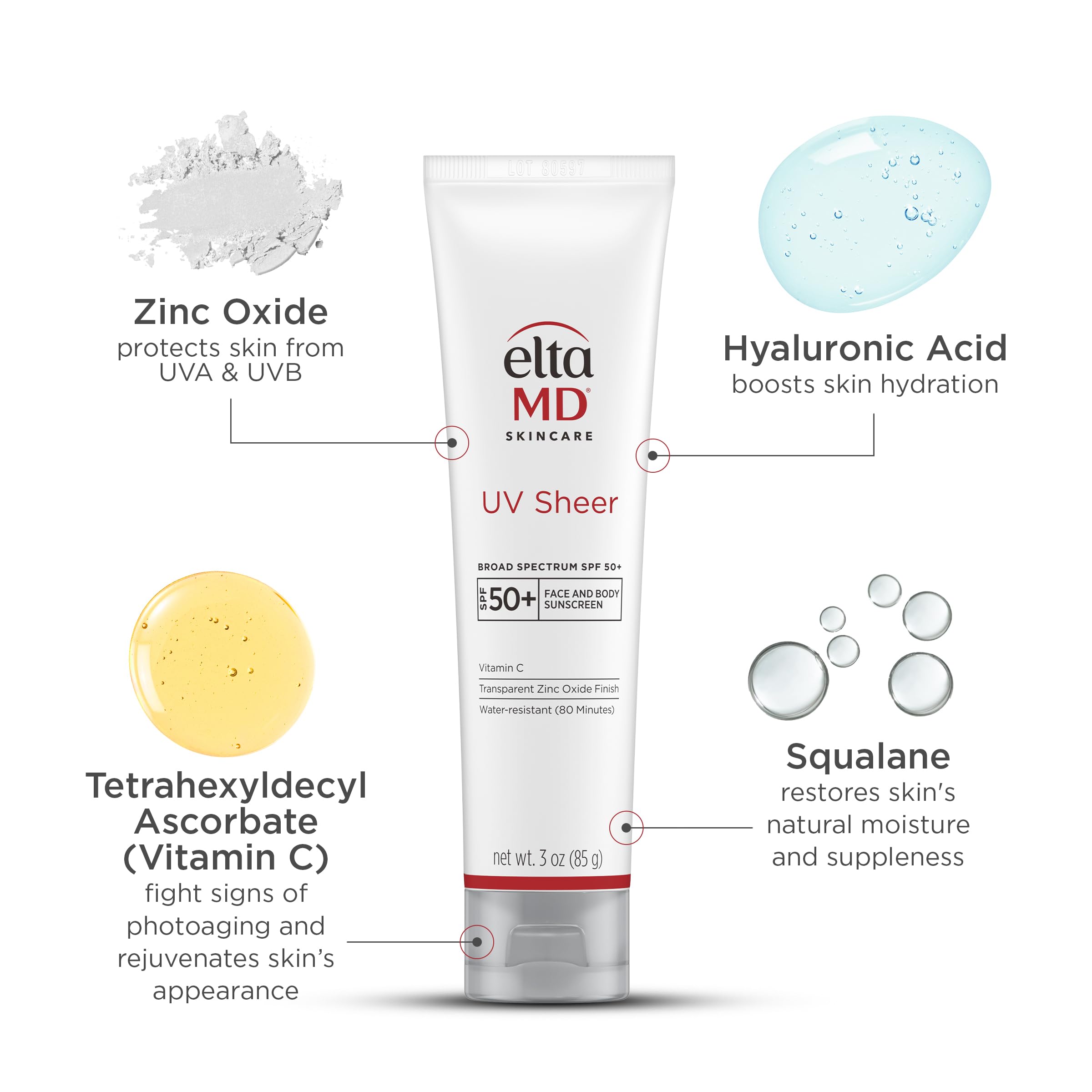 EltaMD UV Sheer 80-minute water resistance icon for active days.