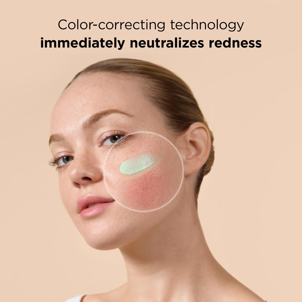 Blended green-tint sunscreen on skin with EltaMD UV Skin Recovery