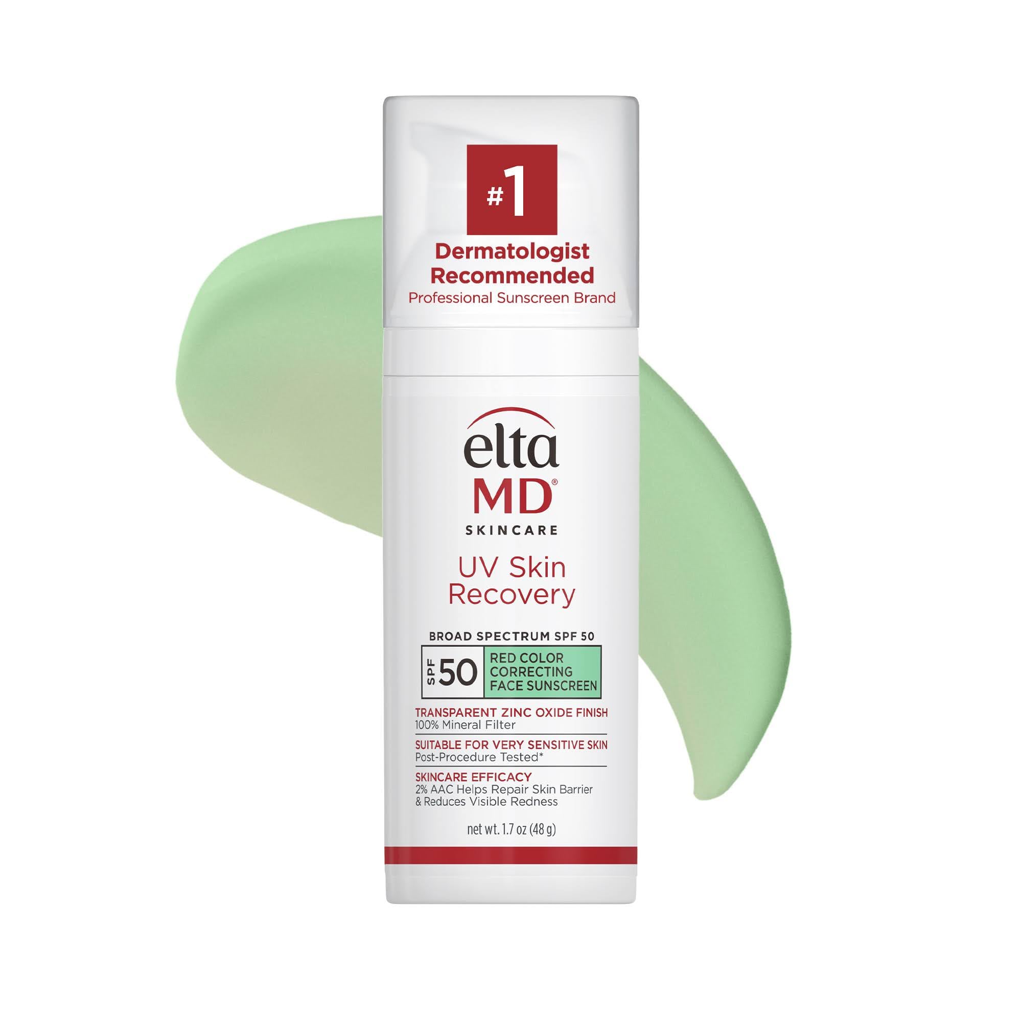 EltaMD UV Skin Recovery Green Tint bottle shown, protecting sensitive skin