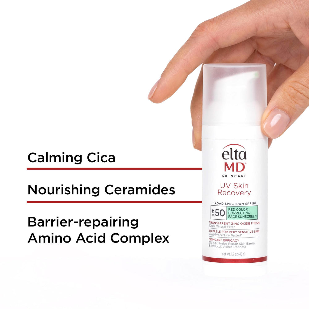 Travel-size EltaMD UV Skin Recovery Green Tint bottle for on-the-go protection