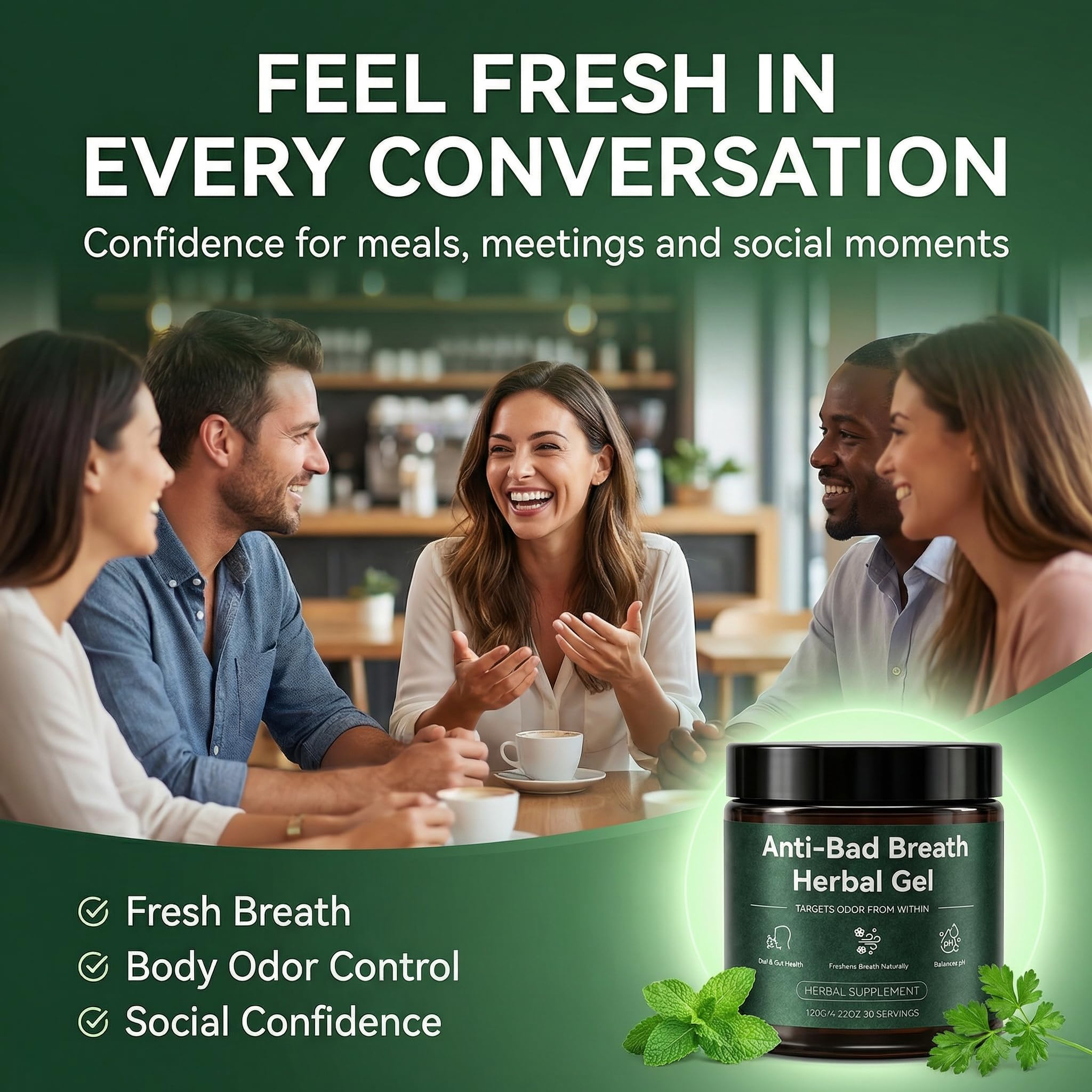 ELVERA green tea and lemon balm blend shown for gentle freshness.