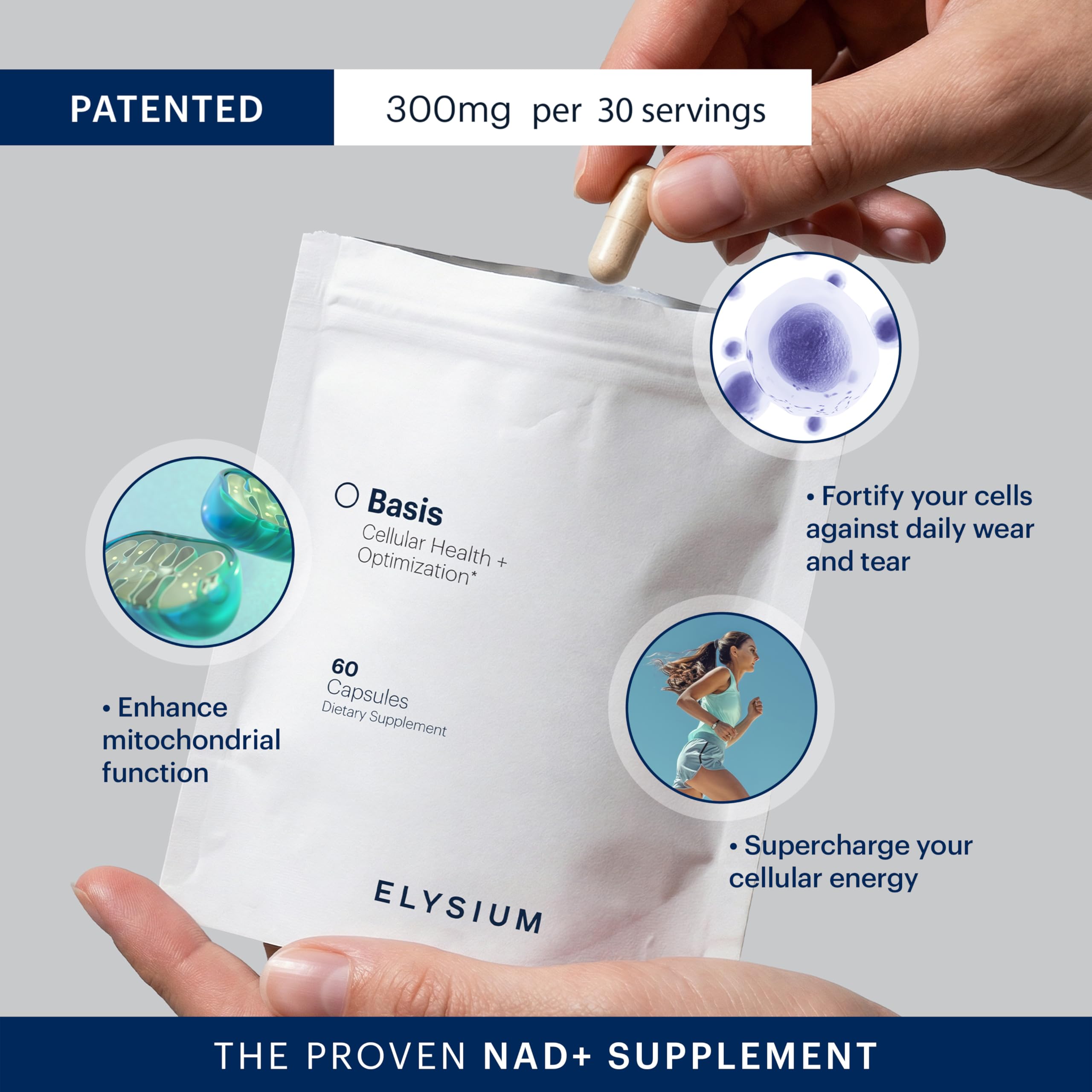 ELYSIUM Basis bottle being poured to show easy daily dosing.