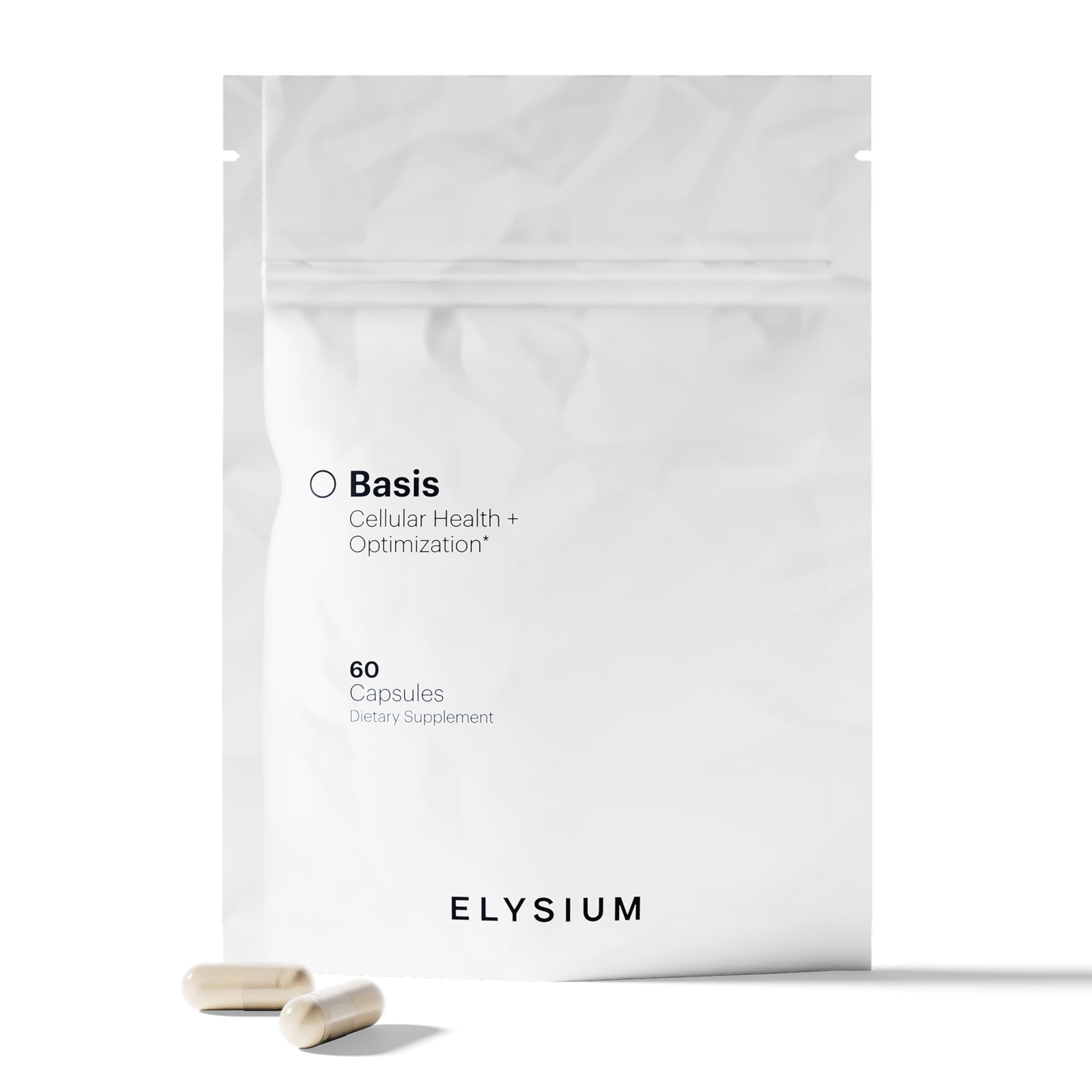 ELYSIUM Basis NAD+ bottle shown for daily healthy aging support and energy.