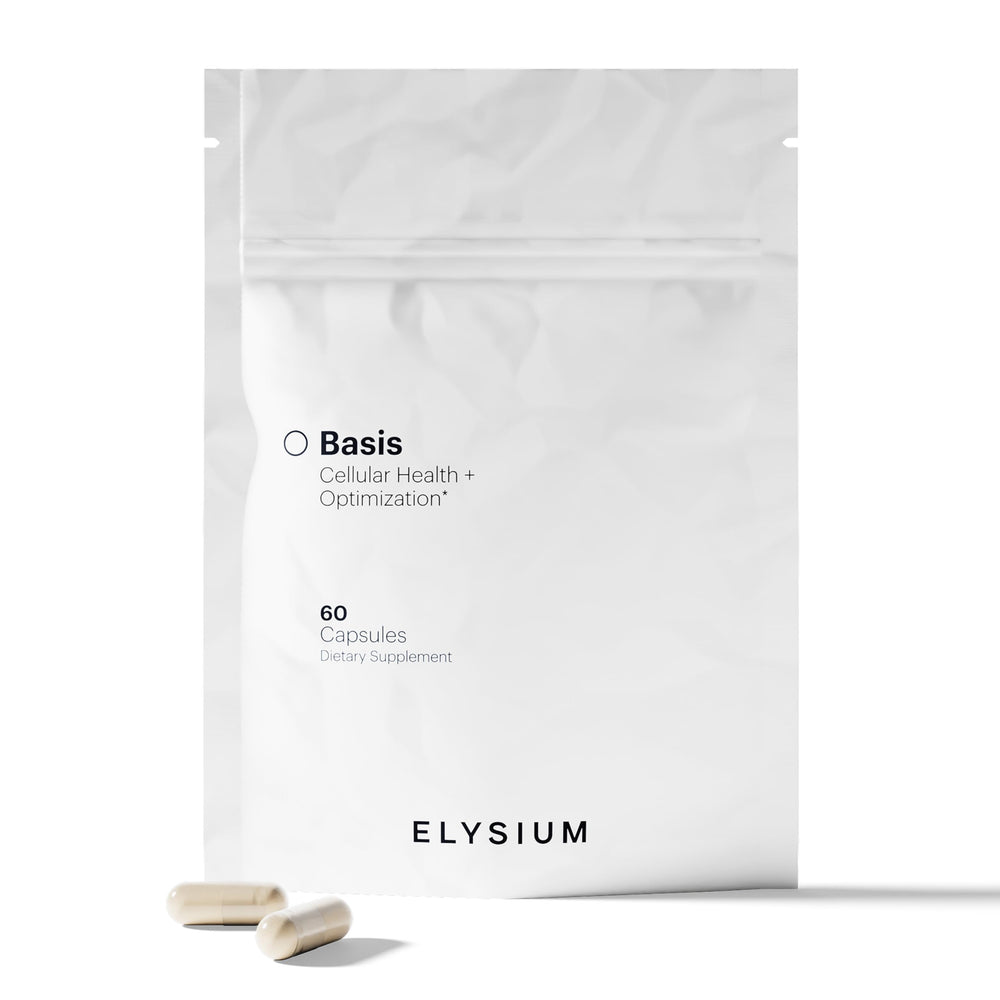 ELYSIUM Basis NAD+ bottle shown for daily healthy aging support and energy.