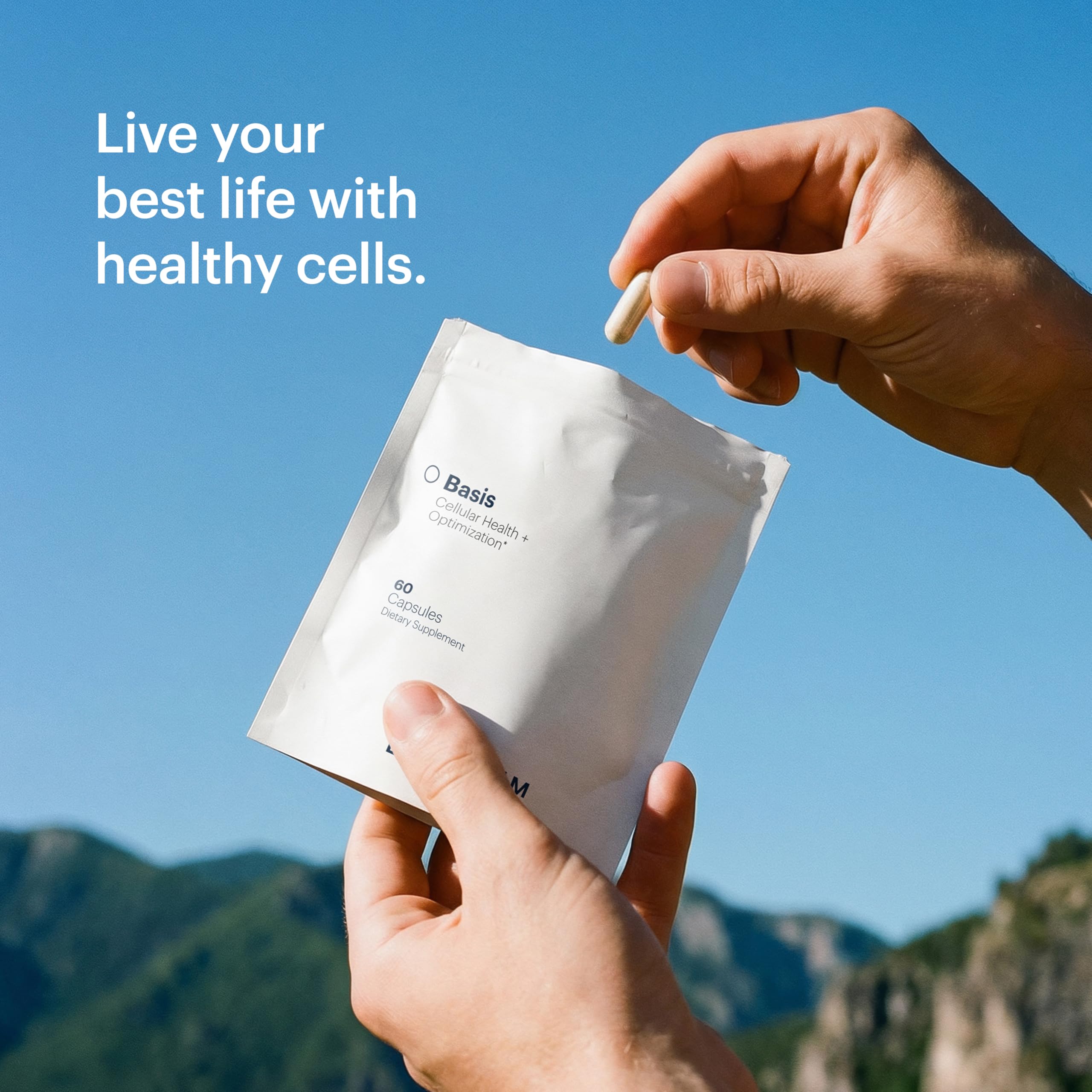 ELYSIUM Basis packaging shown in a lifestyle setting for wellness journeys.