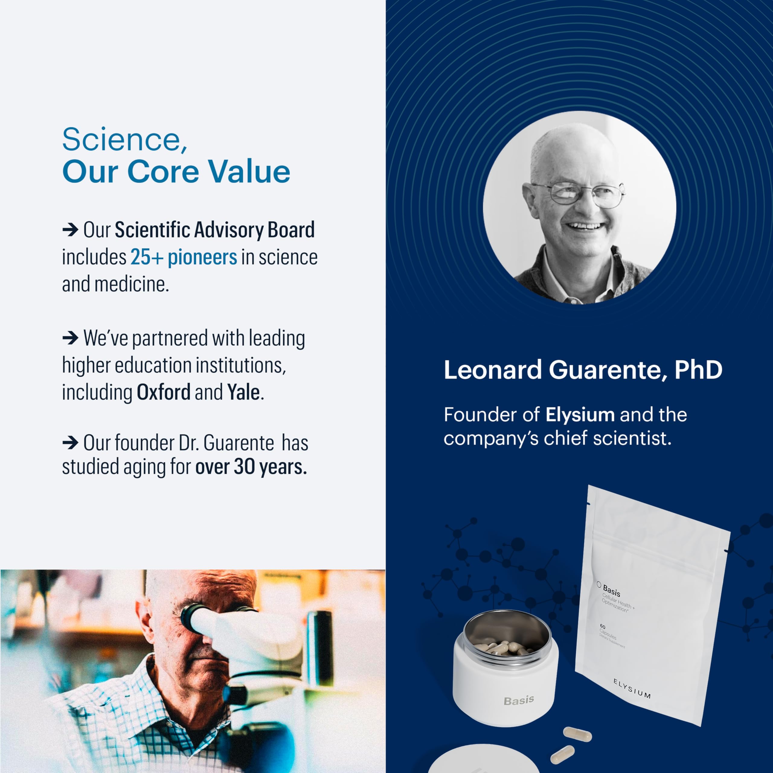 ELYSIUM Basis science collaboration graphics emphasize rigorous research.