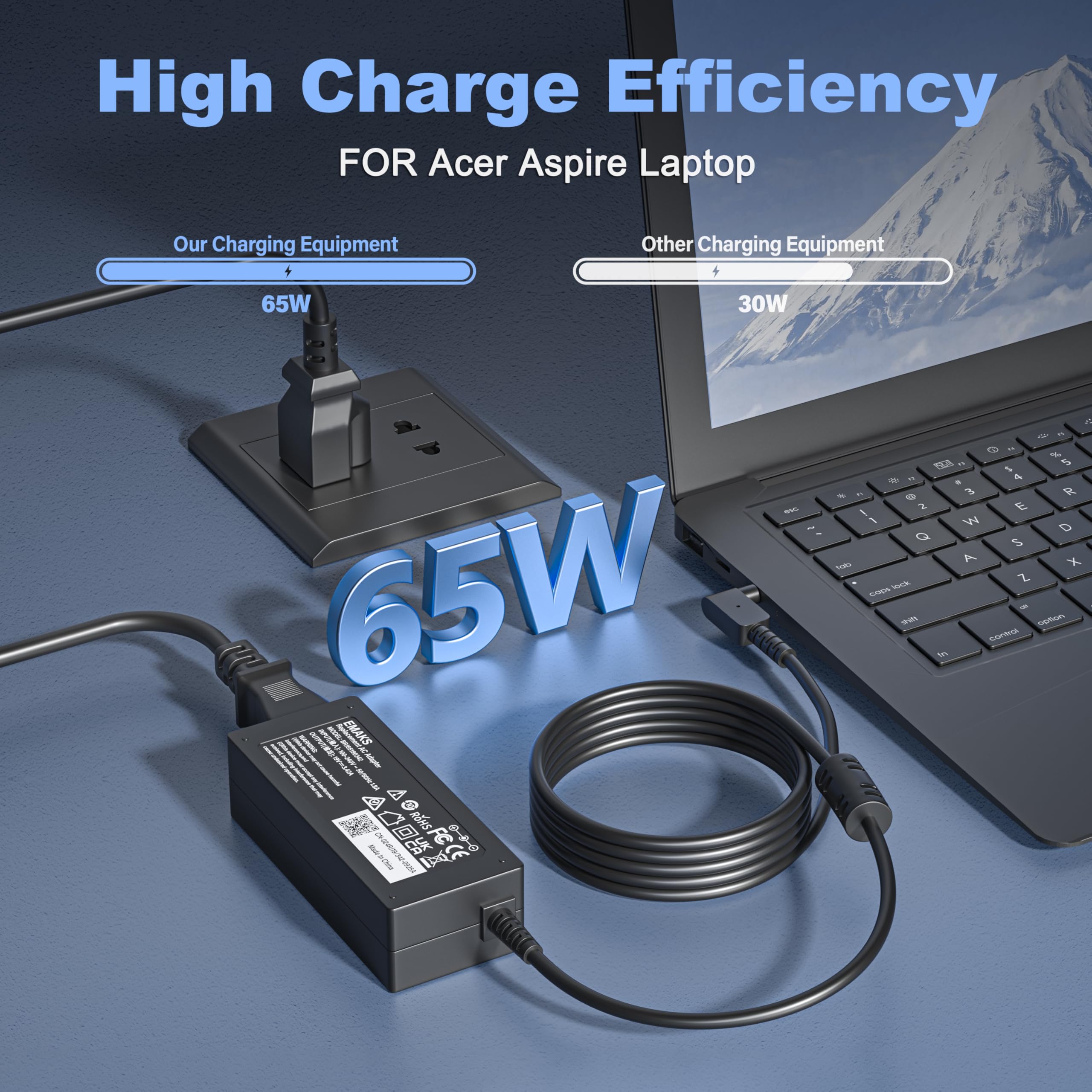 Emaks charger on desk powering an Acer Aspire for daily use.